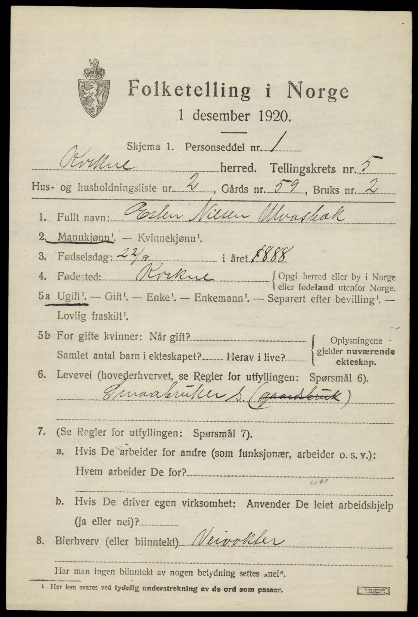 SAH, 1920 census for Kvikne, 1920, p. 2080