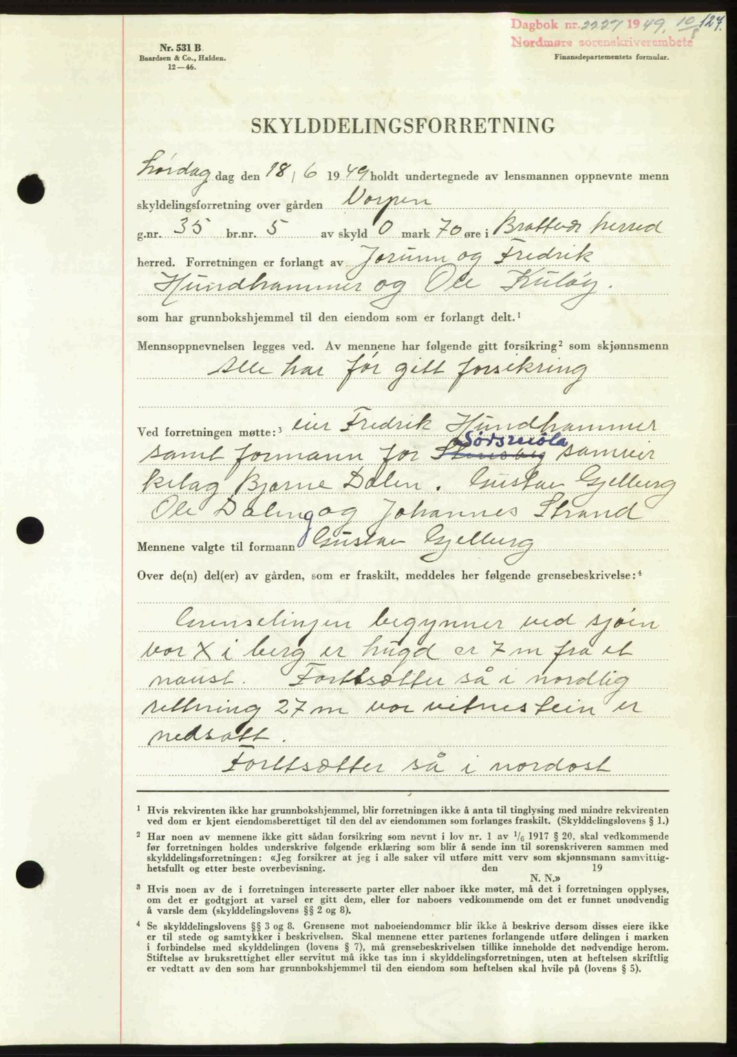 Nordmøre sorenskriveri, AV/SAT-A-4132/1/2/2Ca: Mortgage book no. A112, 1949-1949, Diary no: : 2227/1949