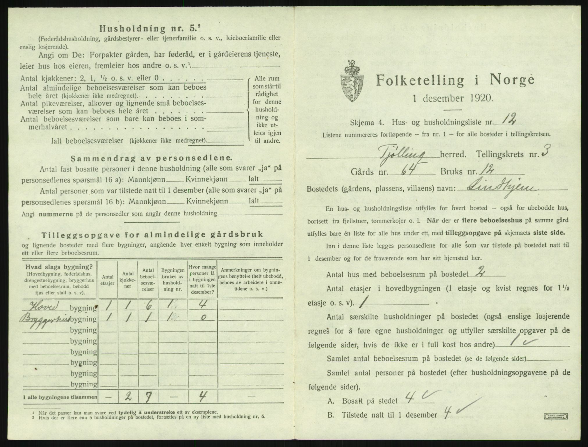 SAKO, 1920 census for Tjølling, 1920, p. 989