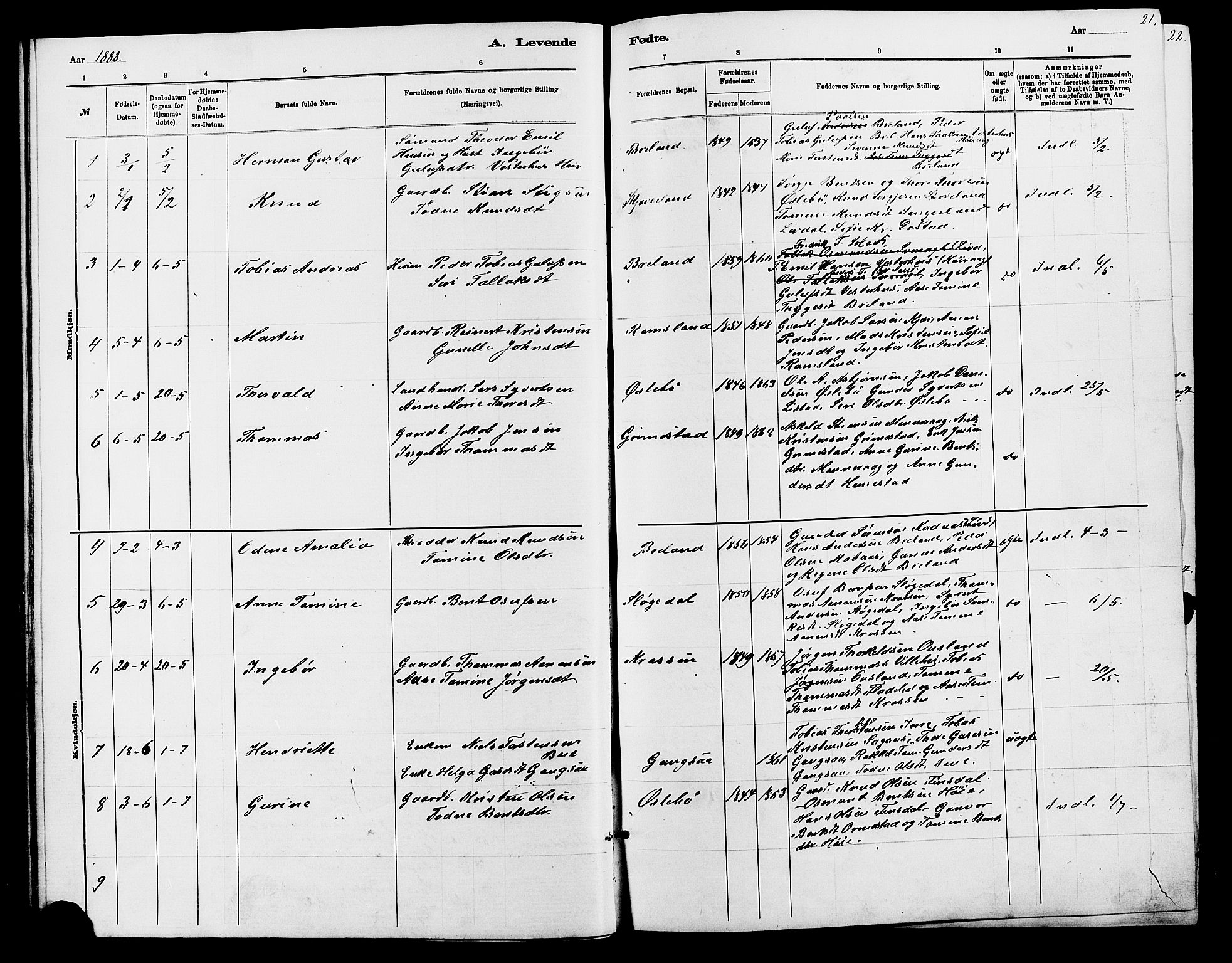 Holum sokneprestkontor, AV/SAK-1111-0022/F/Fb/Fbc/L0003: Parish register (copy) no. B 3, 1882-1908, p. 21