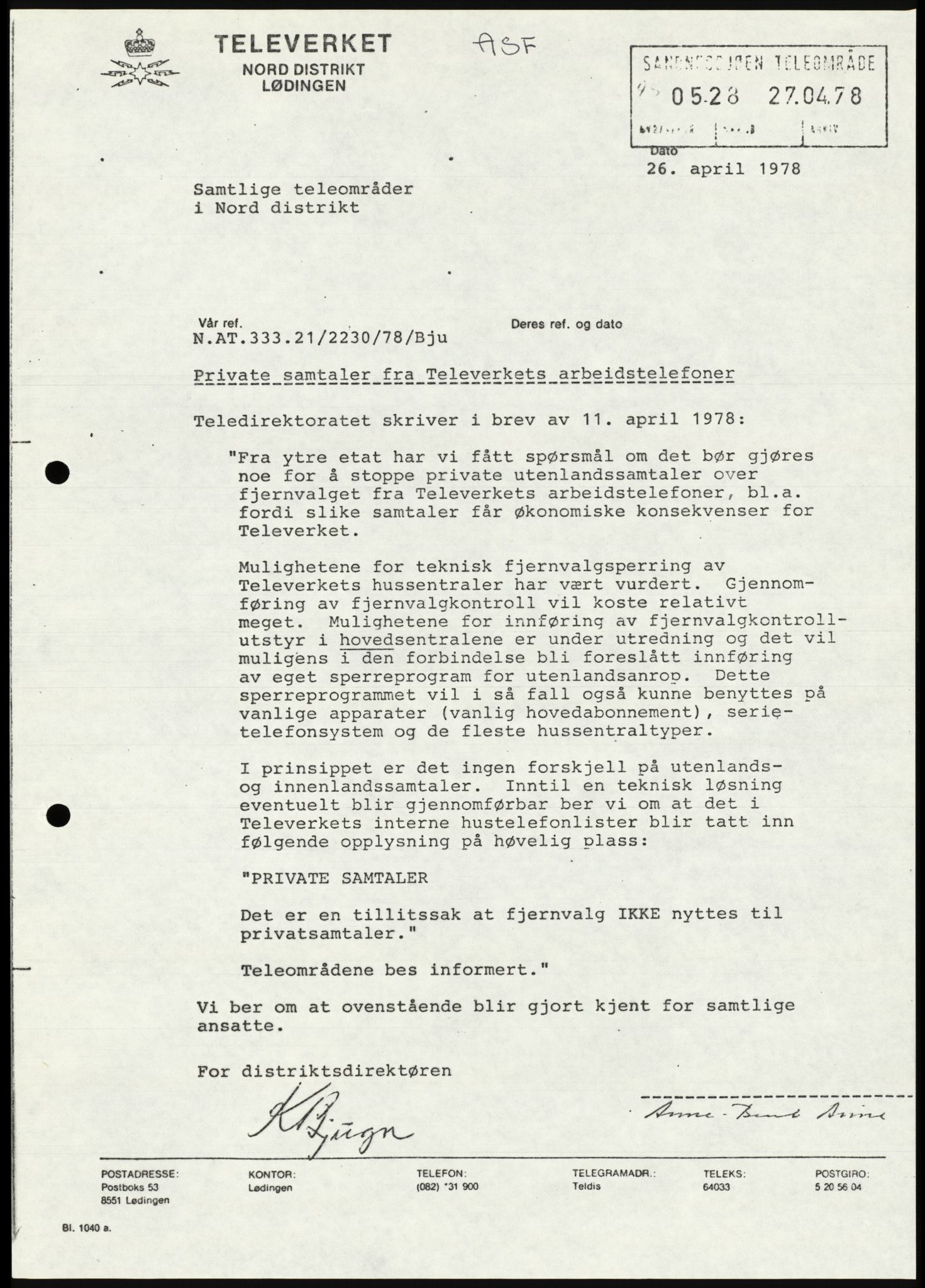 Televerket, Sandnessjøen teleområde, AV/SAT-A-5303/F/L0056: Lokale rundskriv (L-rundskriv), 1977-1995, p. 9