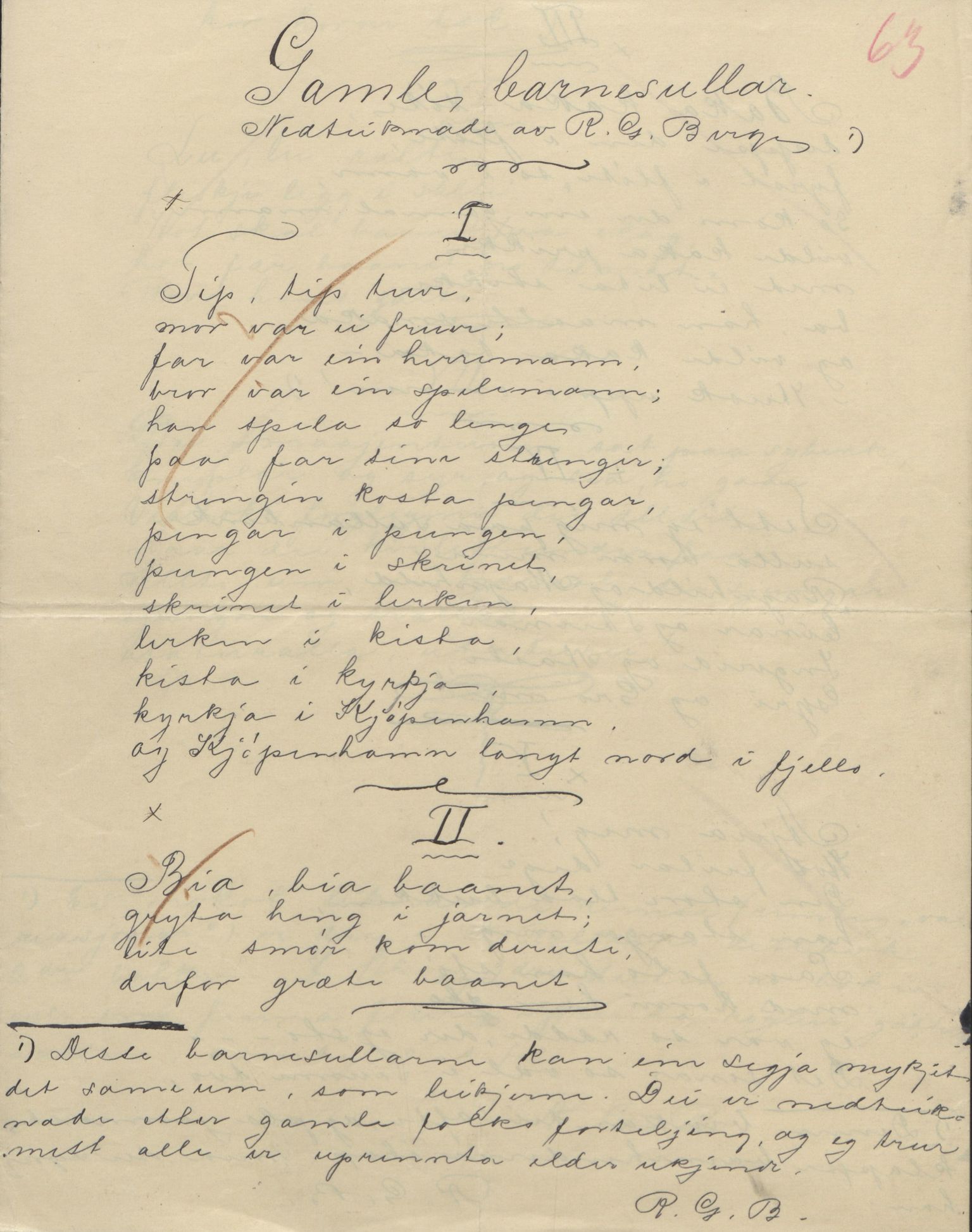 Rikard Berge, TEMU/TGM-A-1003/F/L0004/0053: 101-159 / 157 Manuskript, notatar, brev o.a. Nokre leiker, manuskript, 1906-1908, p. 63