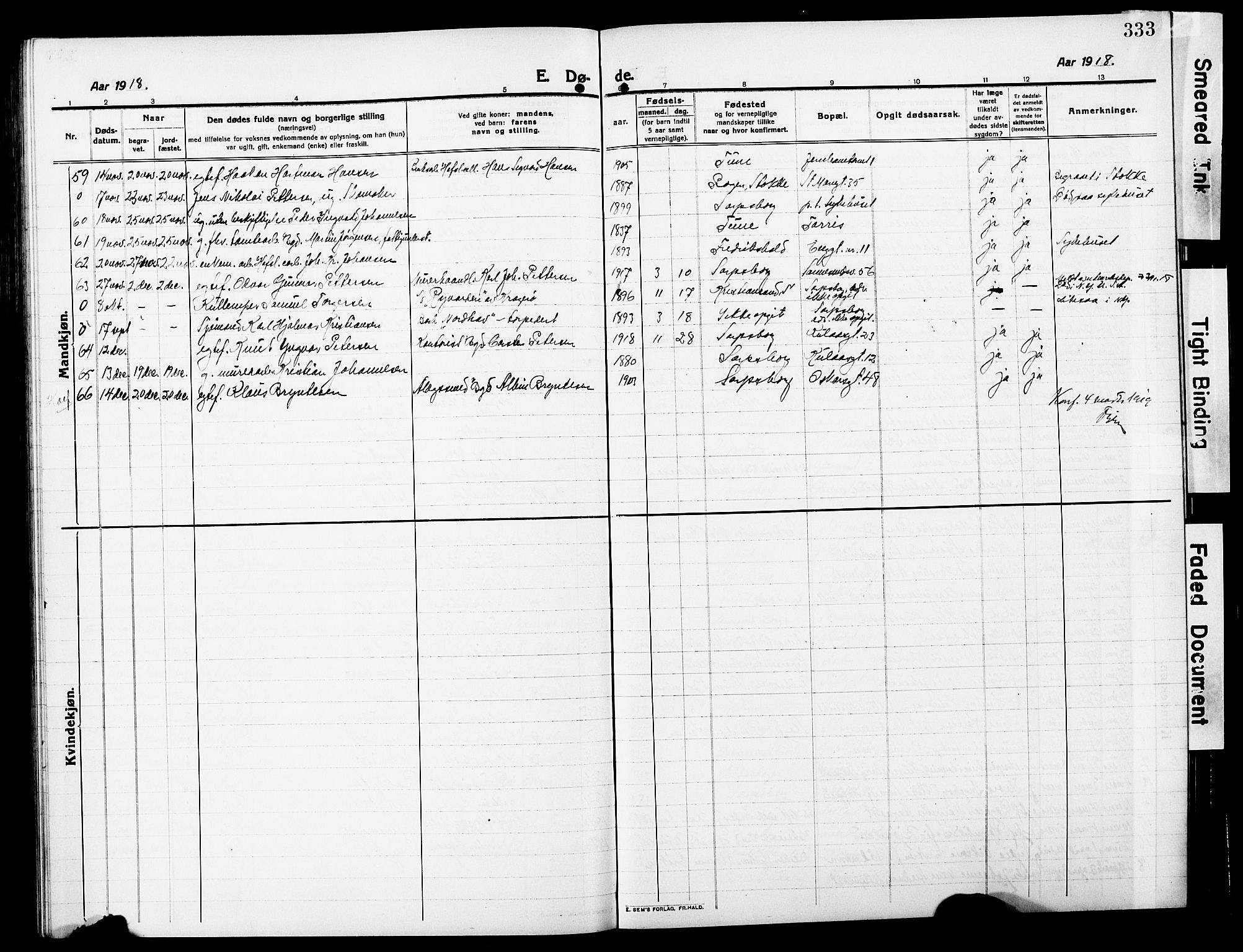 Sarpsborg prestekontor Kirkebøker, AV/SAO-A-2006/G/Ga/L0002: Parish register (copy) no. 2, 1912-1931, p. 333