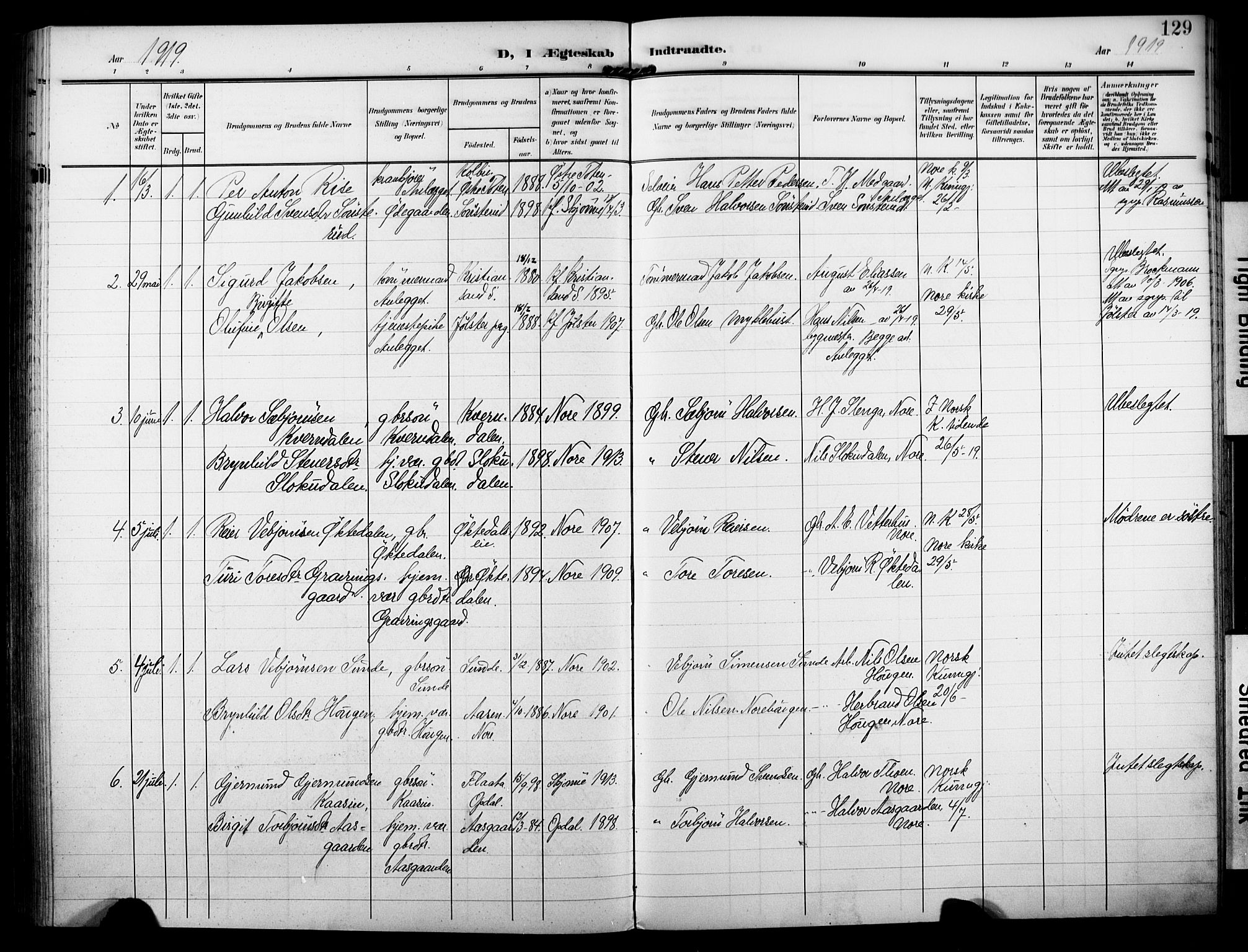 Nore kirkebøker, AV/SAKO-A-238/F/Fb/L0003: Parish register (official) no. II 3, 1906-1926, p. 129