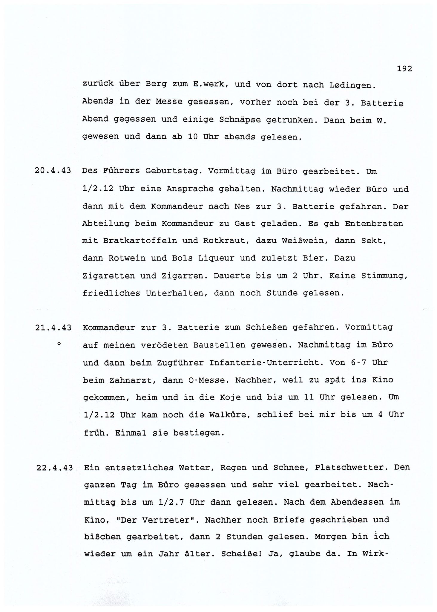 Dagbokopptegnelser av en tysk marineoffiser stasjonert i Norge , FMFB/A-1160/F/L0001: Dagbokopptegnelser av en tysk marineoffiser stasjonert i Norge, 1941-1944, p. 192