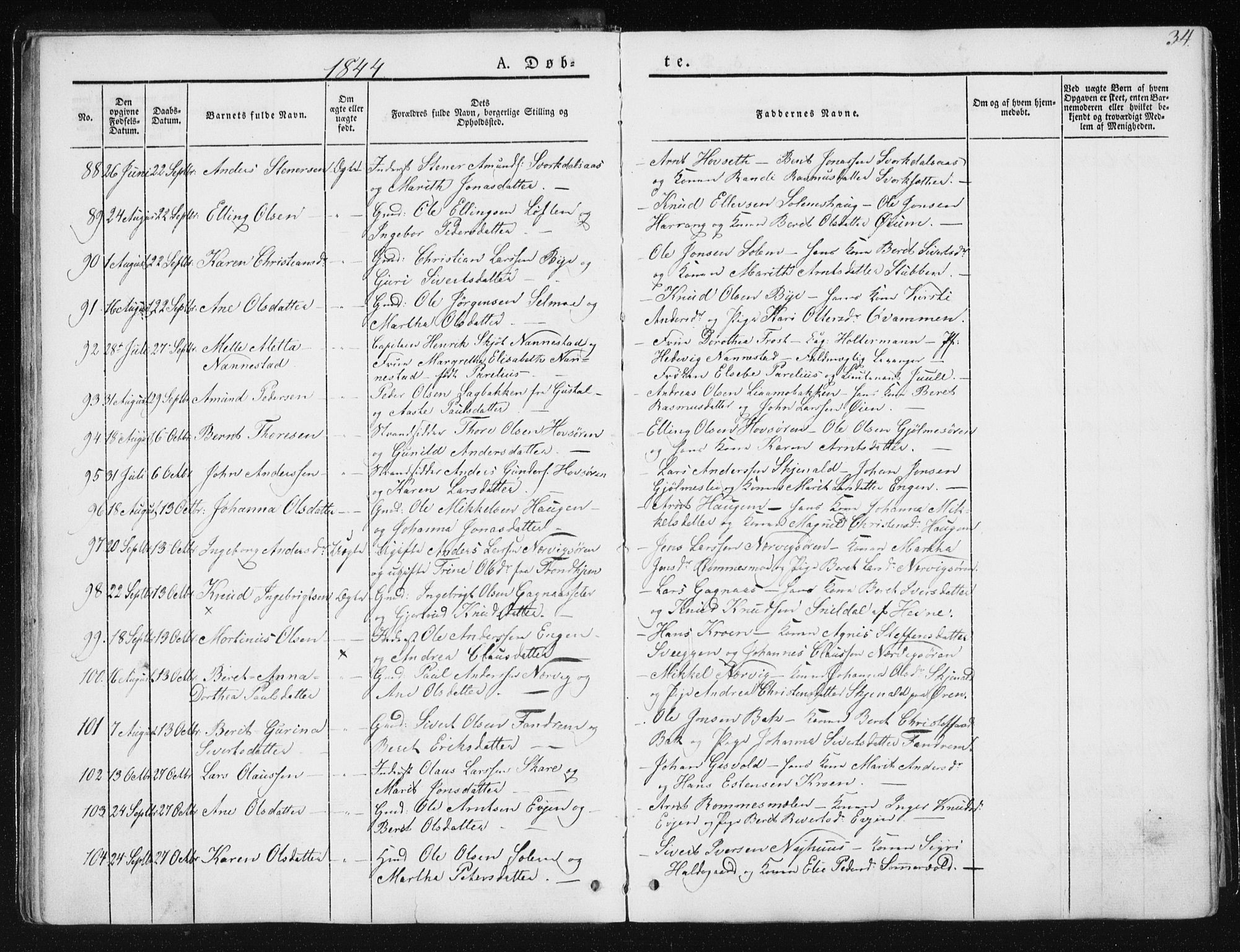 Ministerialprotokoller, klokkerbøker og fødselsregistre - Sør-Trøndelag, SAT/A-1456/668/L0805: Parish register (official) no. 668A05, 1840-1853, p. 34