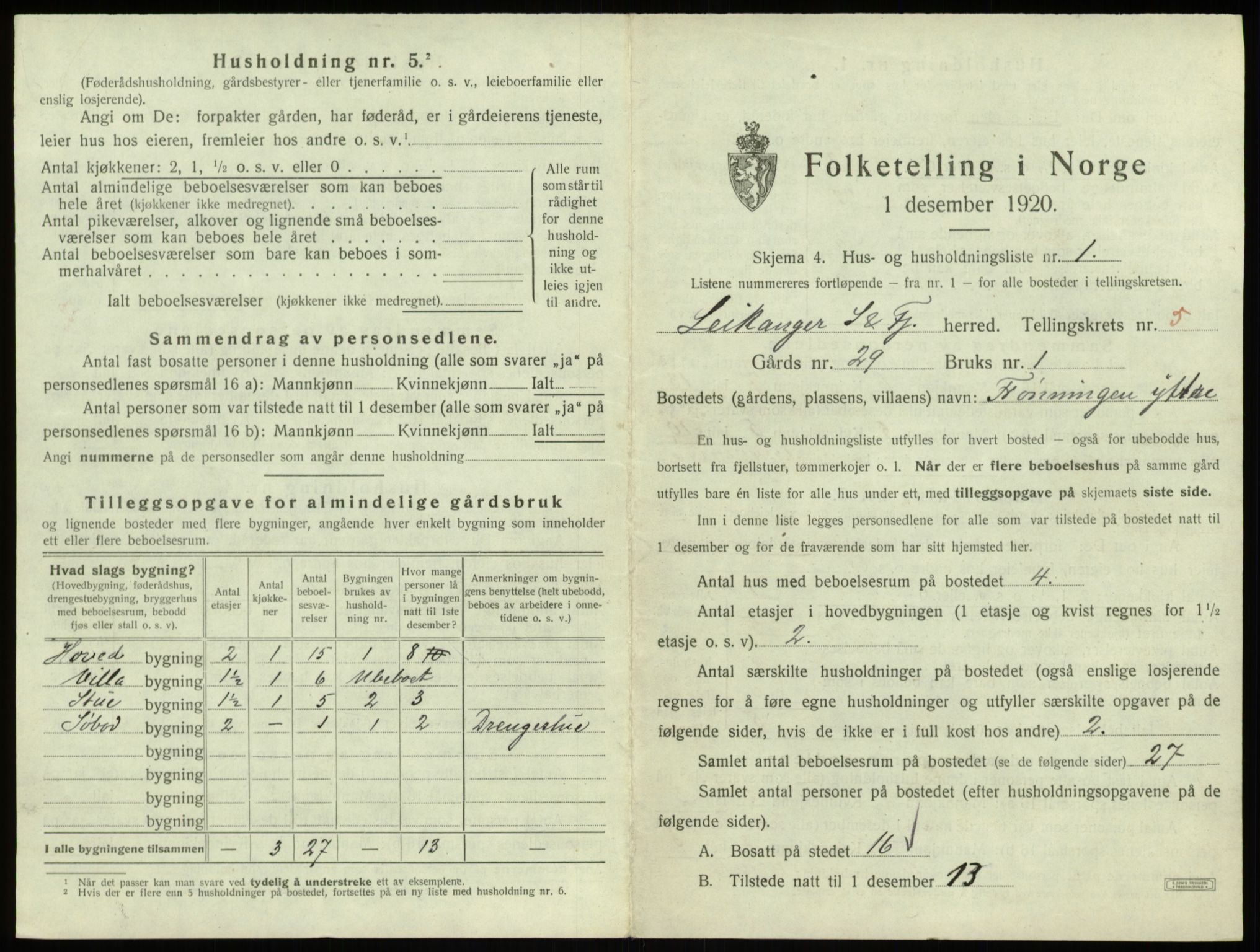 SAB, 1920 census for Leikanger, 1920, p. 522