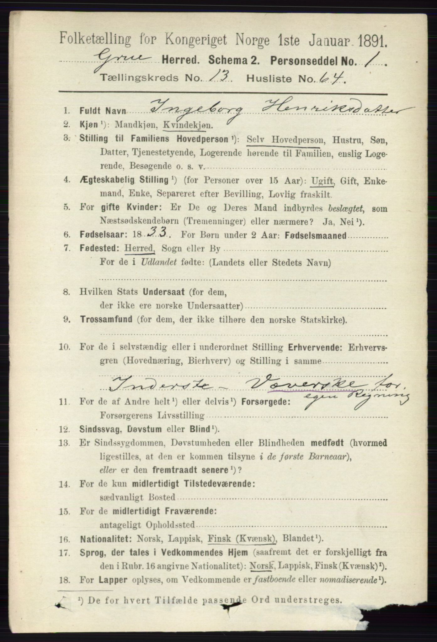 RA, 1891 census for 0423 Grue, 1891, p. 6982