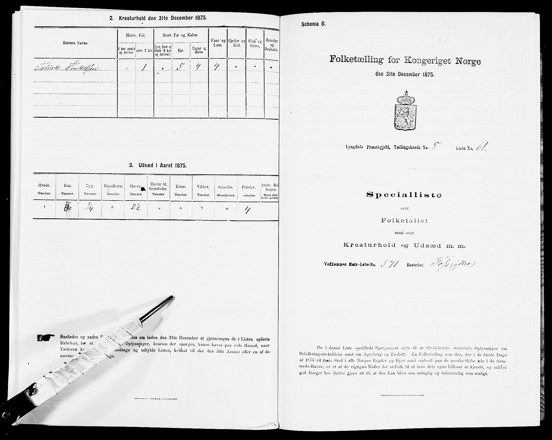 SAK, 1875 census for 1032P Lyngdal, 1875, p. 1352