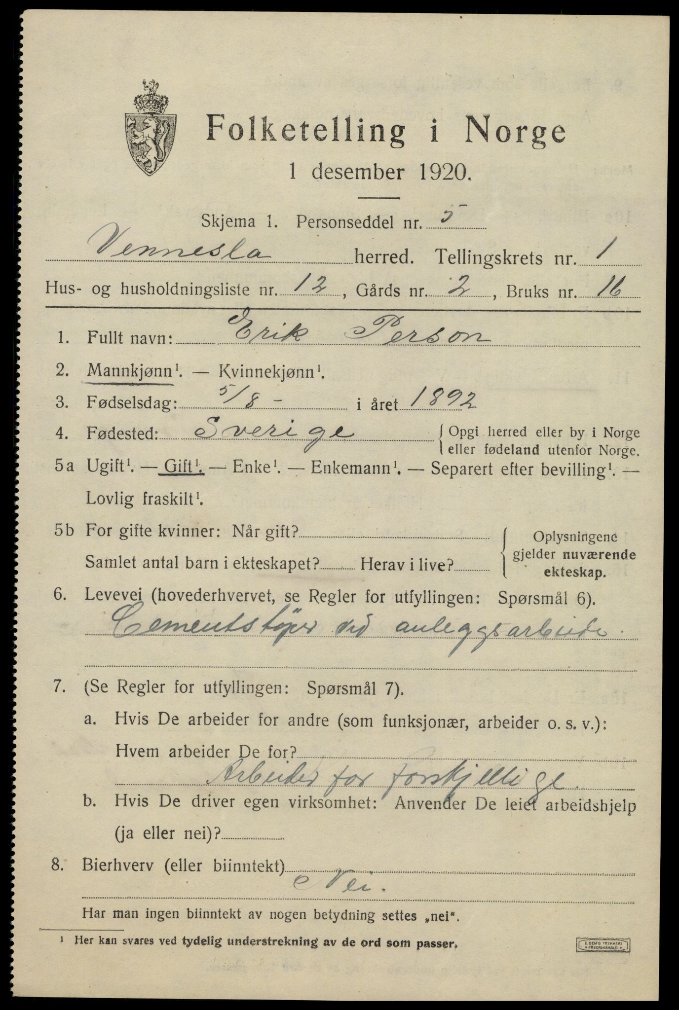 SAK, 1920 census for Vennesla, 1920, p. 1038