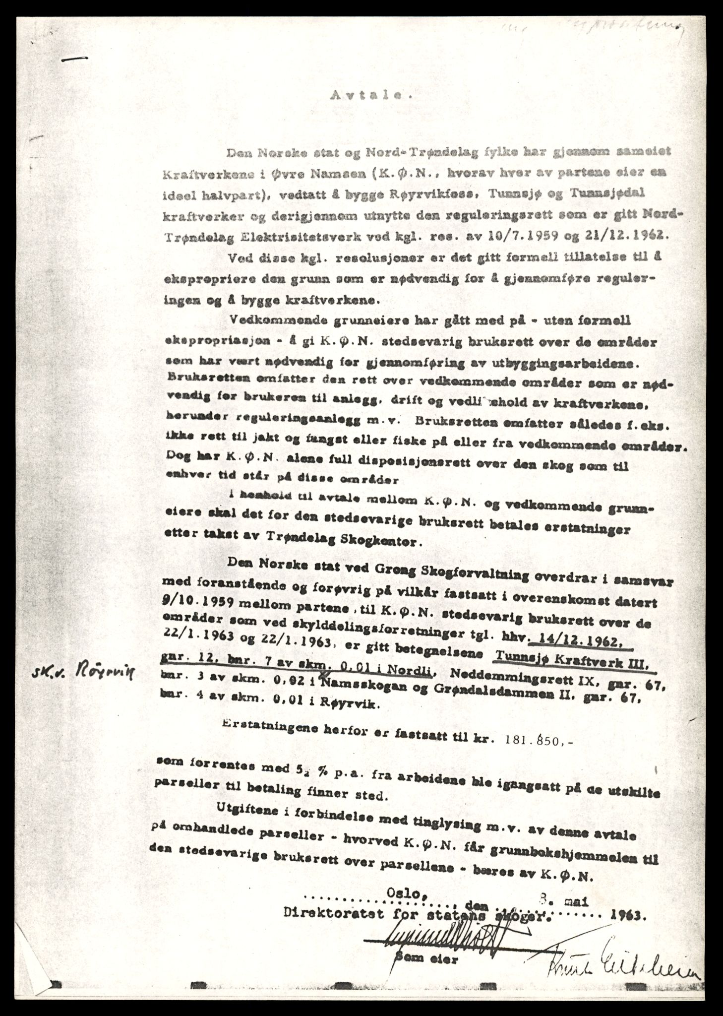 Statskog Trøndelag / Møre, AV/SAT-A-4532/1/D/Da/L0336/0007: Sakarkiv / Vassdragsreguleringer m.m. - Kraftverkene Øvre Namsen, diverse (grunnerstatninger), 1957-1963, p. 4