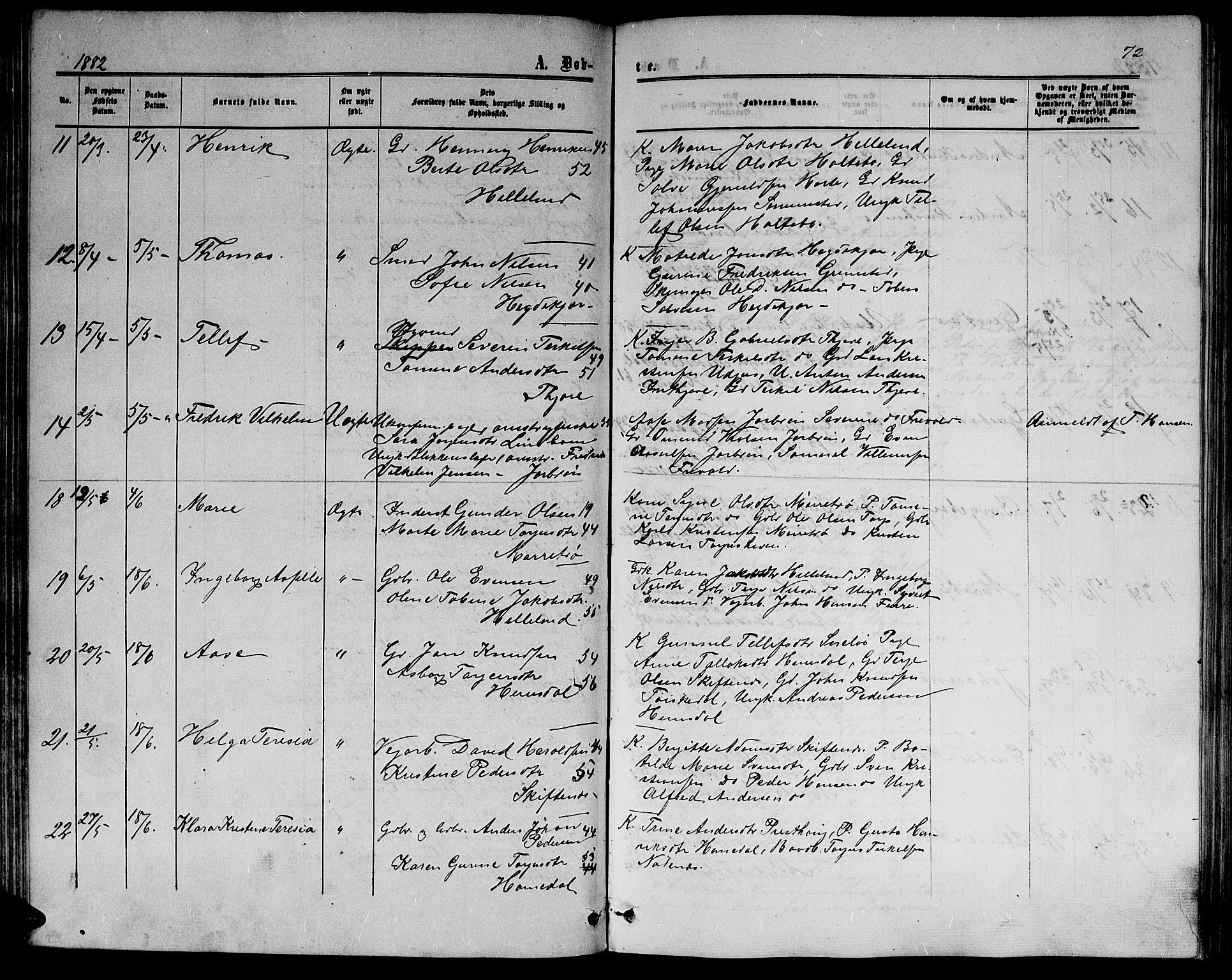 Hommedal sokneprestkontor, AV/SAK-1111-0023/F/Fb/Fbb/L0006: Parish register (copy) no. B 6, 1869-1884, p. 72