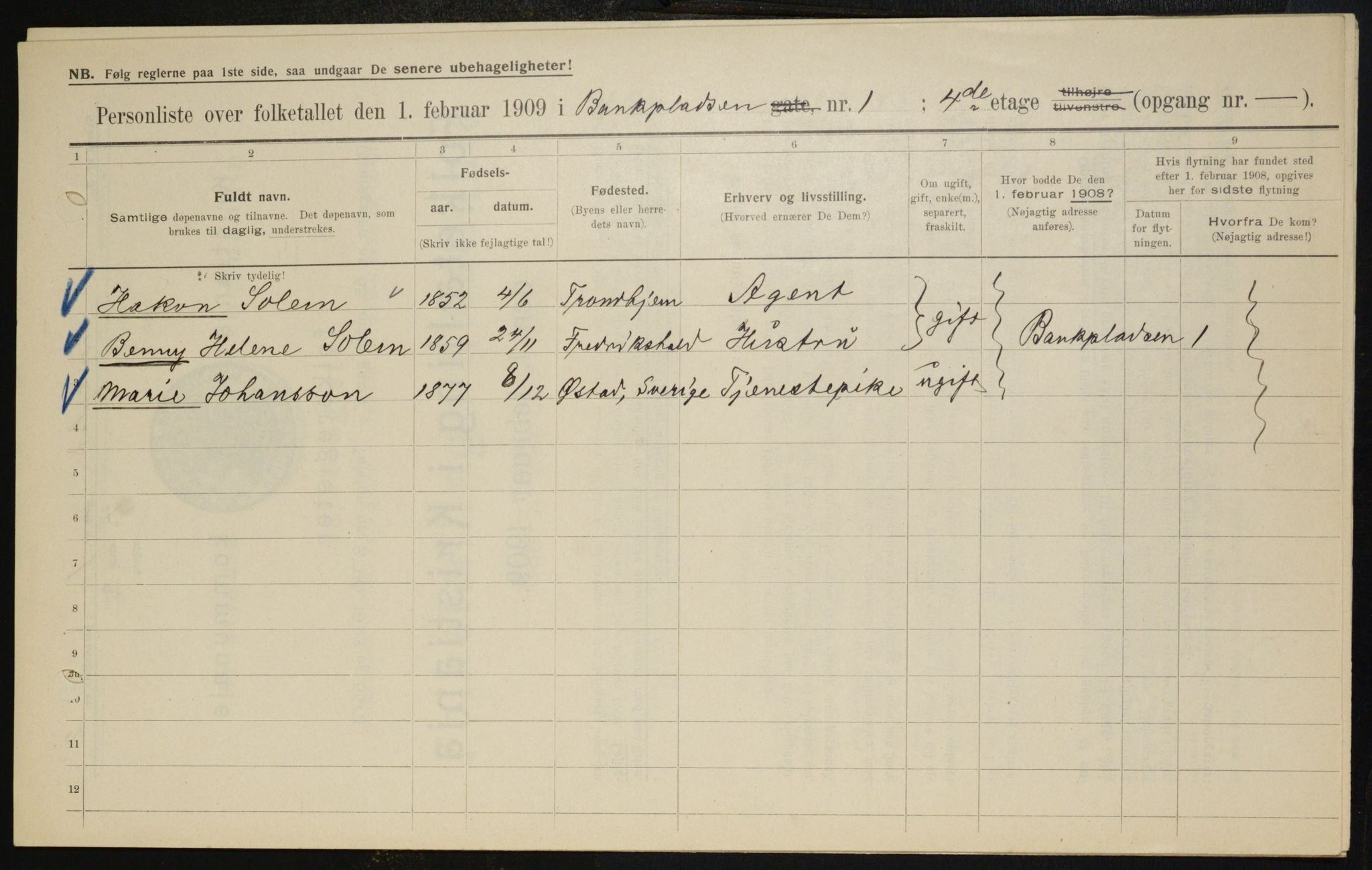 OBA, Municipal Census 1909 for Kristiania, 1909, p. 3090