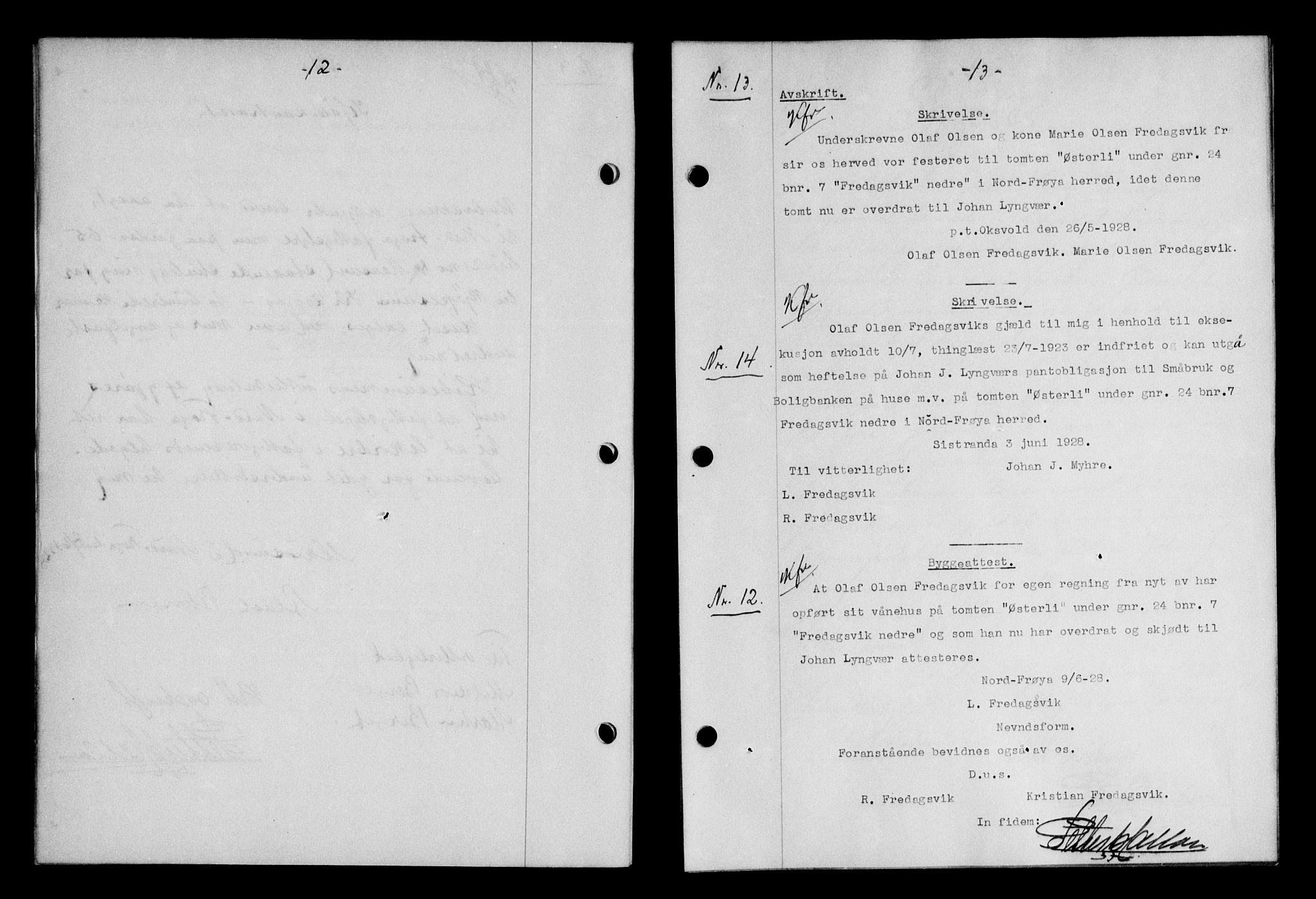 Hitra sorenskriveri, AV/SAT-A-0018/2/2C/2Ca/L0010: Mortgage book no. 10, 1928-1929, p. 12-13