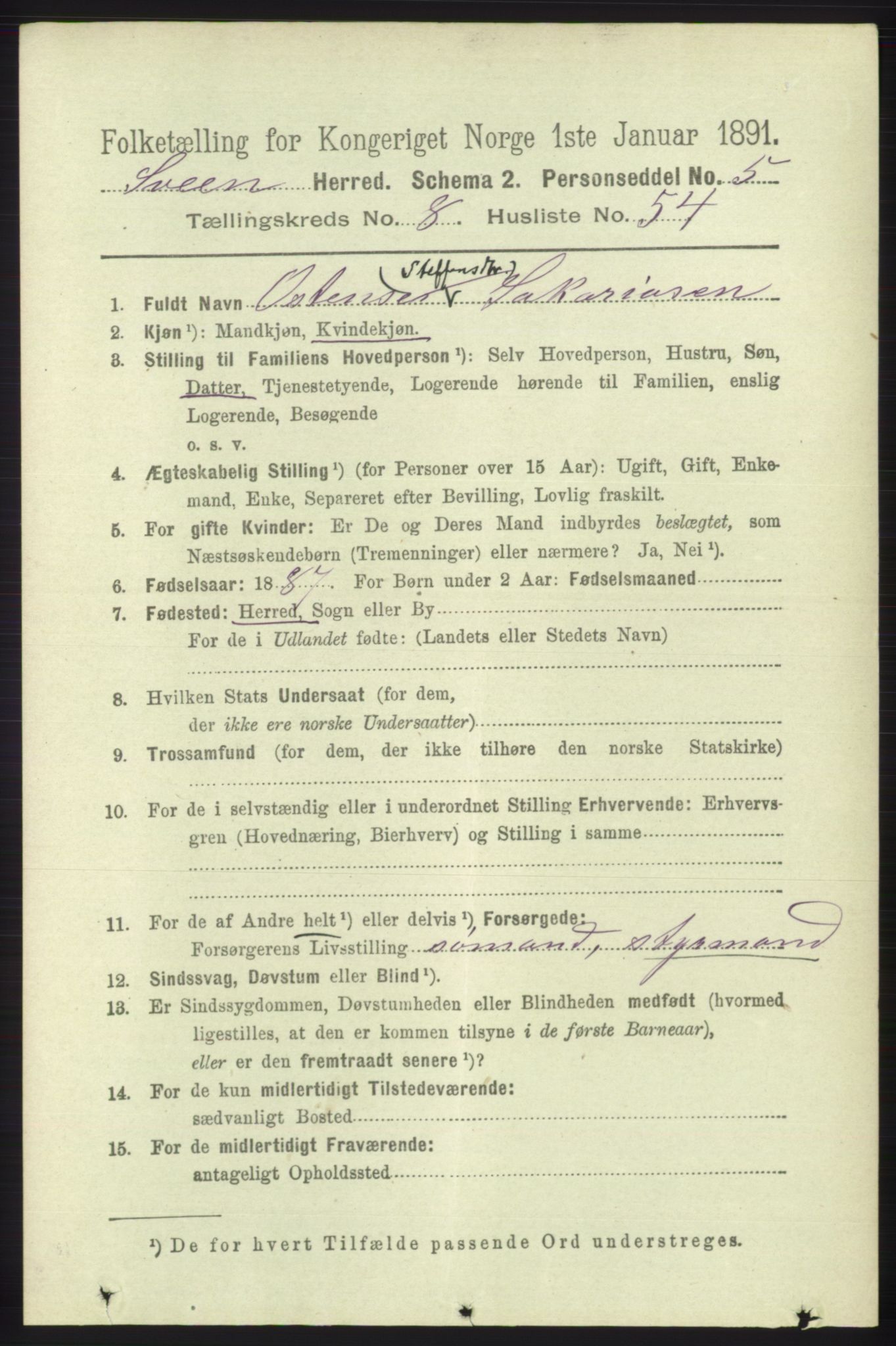 RA, 1891 census for 1216 Sveio, 1891, p. 2642