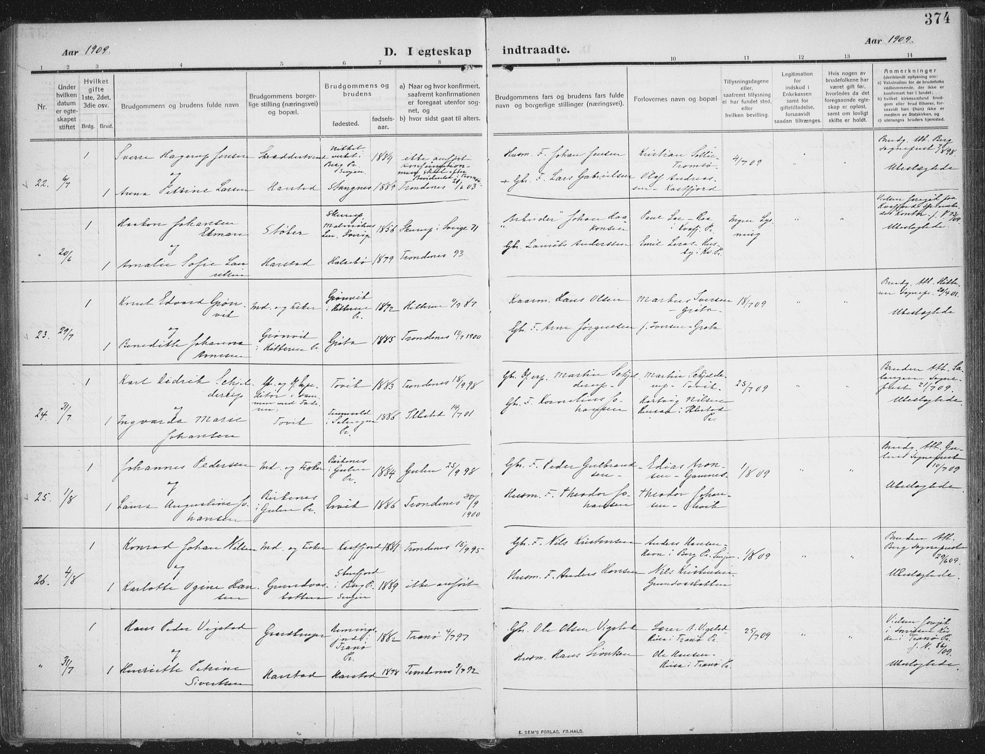 Trondenes sokneprestkontor, SATØ/S-1319/H/Ha/L0018kirke: Parish register (official) no. 18, 1909-1918, p. 374