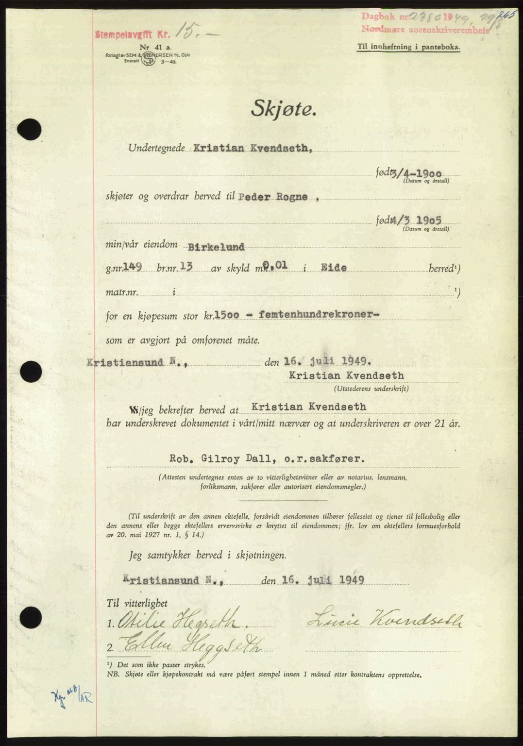 Nordmøre sorenskriveri, AV/SAT-A-4132/1/2/2Ca: Mortgage book no. A112, 1949-1949, Diary no: : 2380/1949