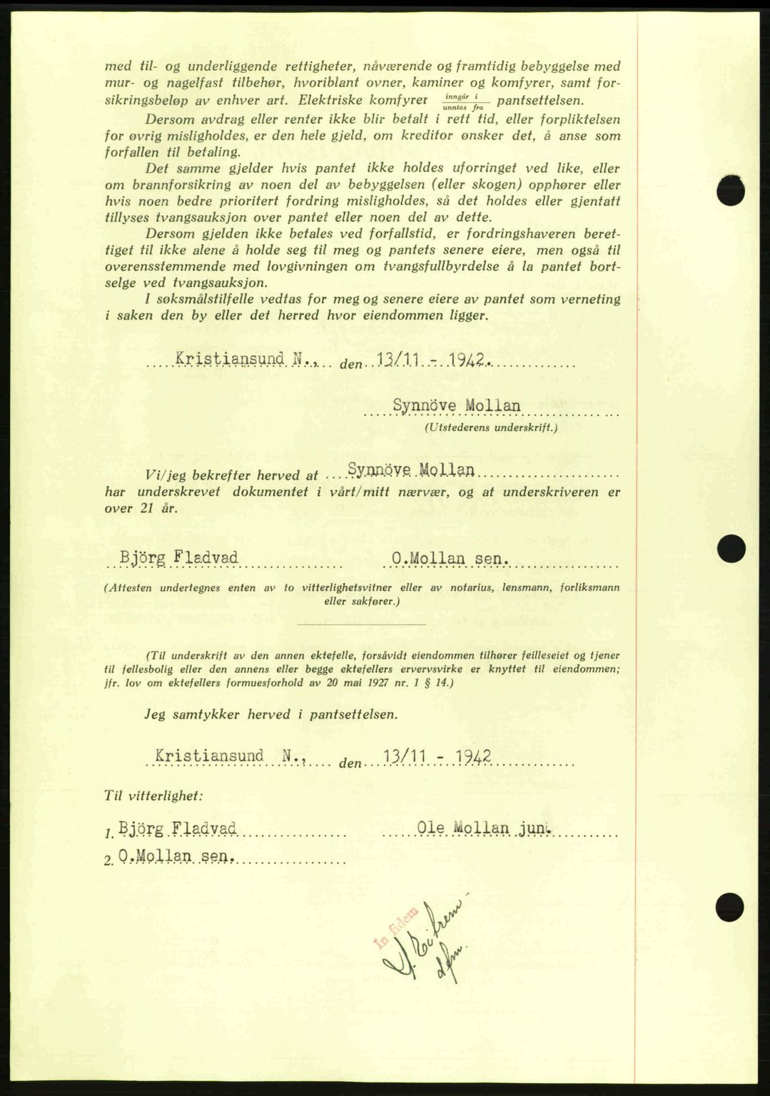 Kristiansund byfogd, SAT/A-4587/A/27: Mortgage book no. 36, 1942-1943, Diary no: : 1401/1942