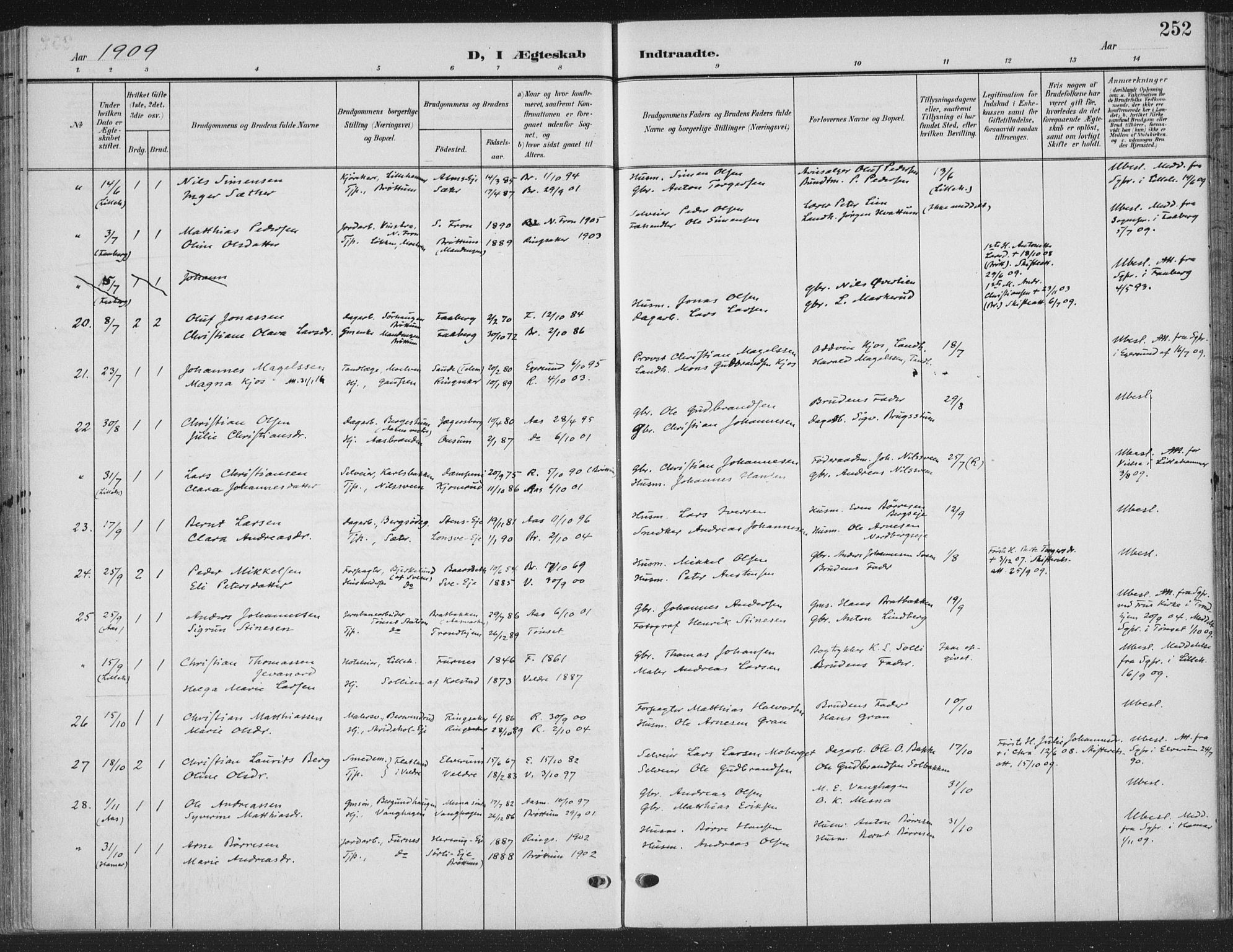 Ringsaker prestekontor, AV/SAH-PREST-014/K/Ka/L0018: Parish register (official) no. 18, 1903-1912, p. 252