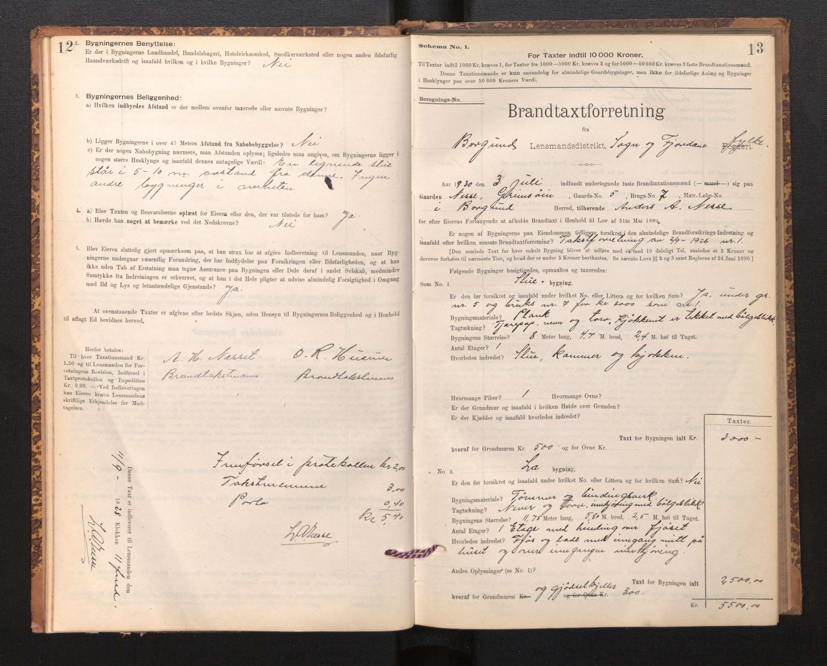 Lensmannen i Borgund, SAB/A-26601/0012/L0003: Branntakstprotokoll, skjematakst, 1903-1937, p. 12-13