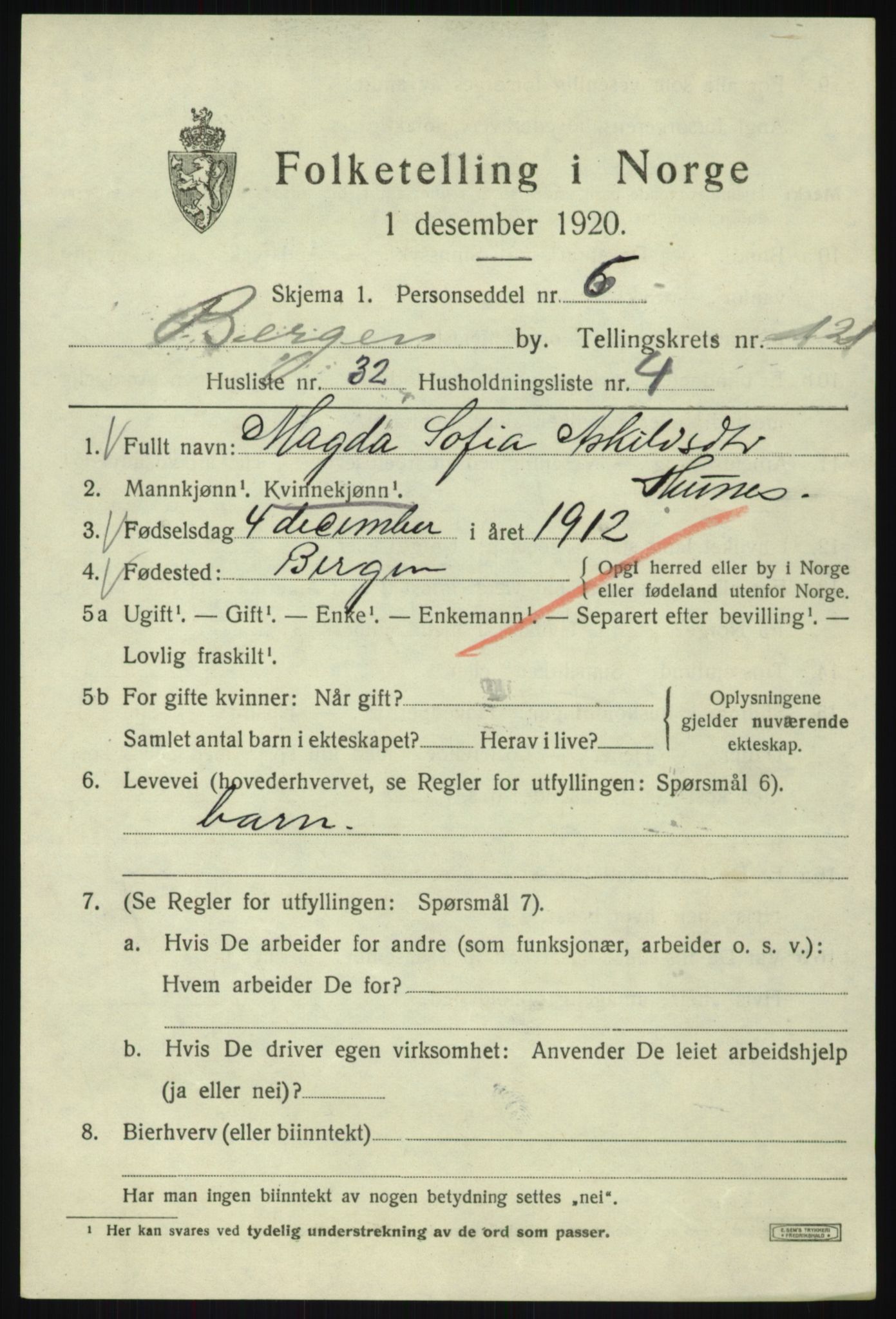 SAB, 1920 census for Bergen, 1920, p. 204366