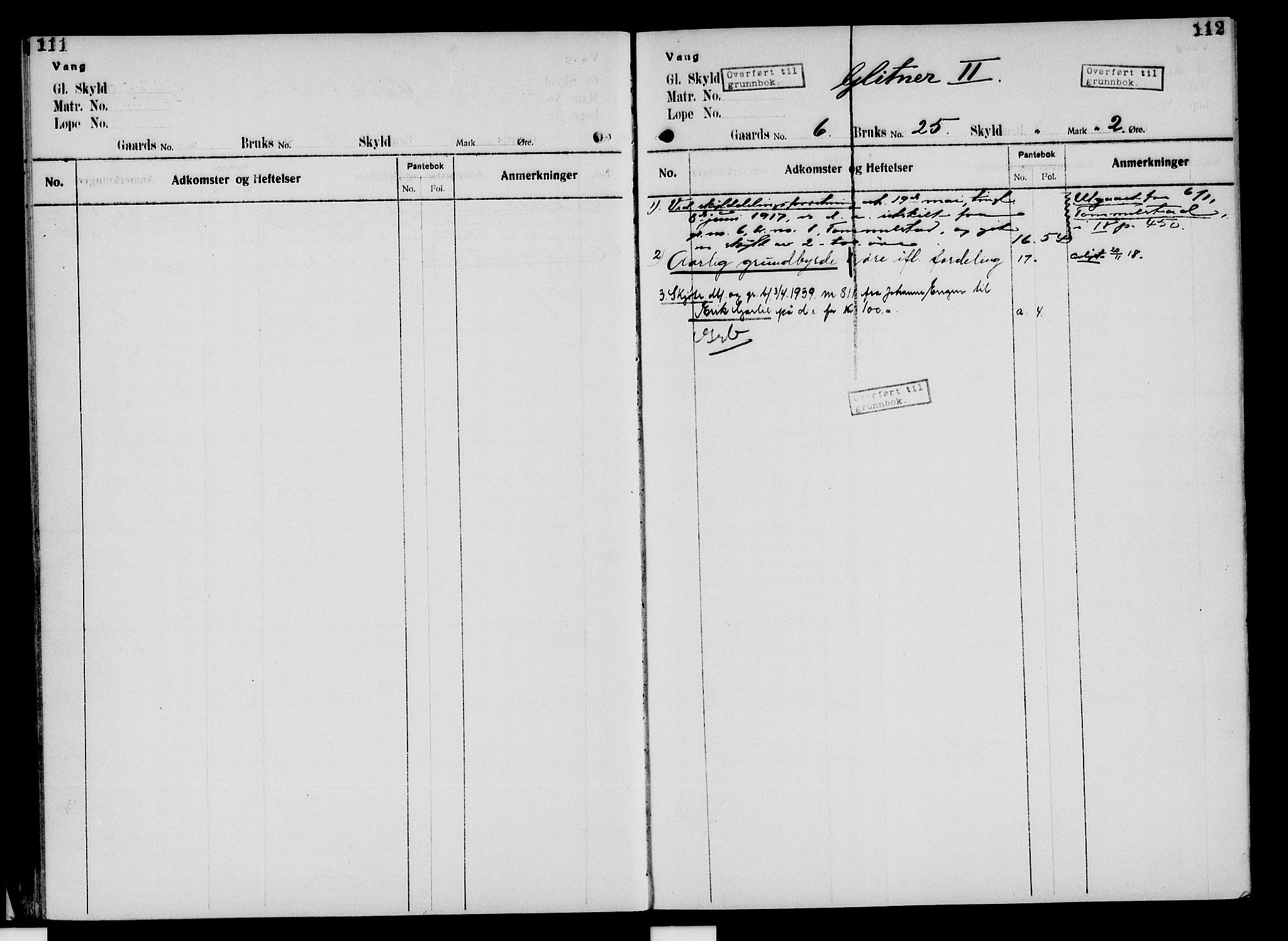 Nord-Hedmark sorenskriveri, SAH/TING-012/H/Ha/Had/Hade/L0005: Mortgage register no. 4.5, 1916-1940, p. 111-112