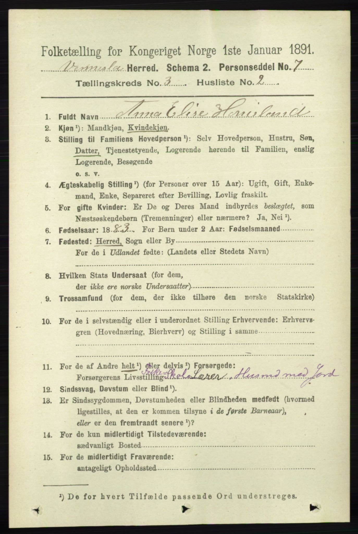 RA, 1891 census for 1014 Vennesla, 1891, p. 650