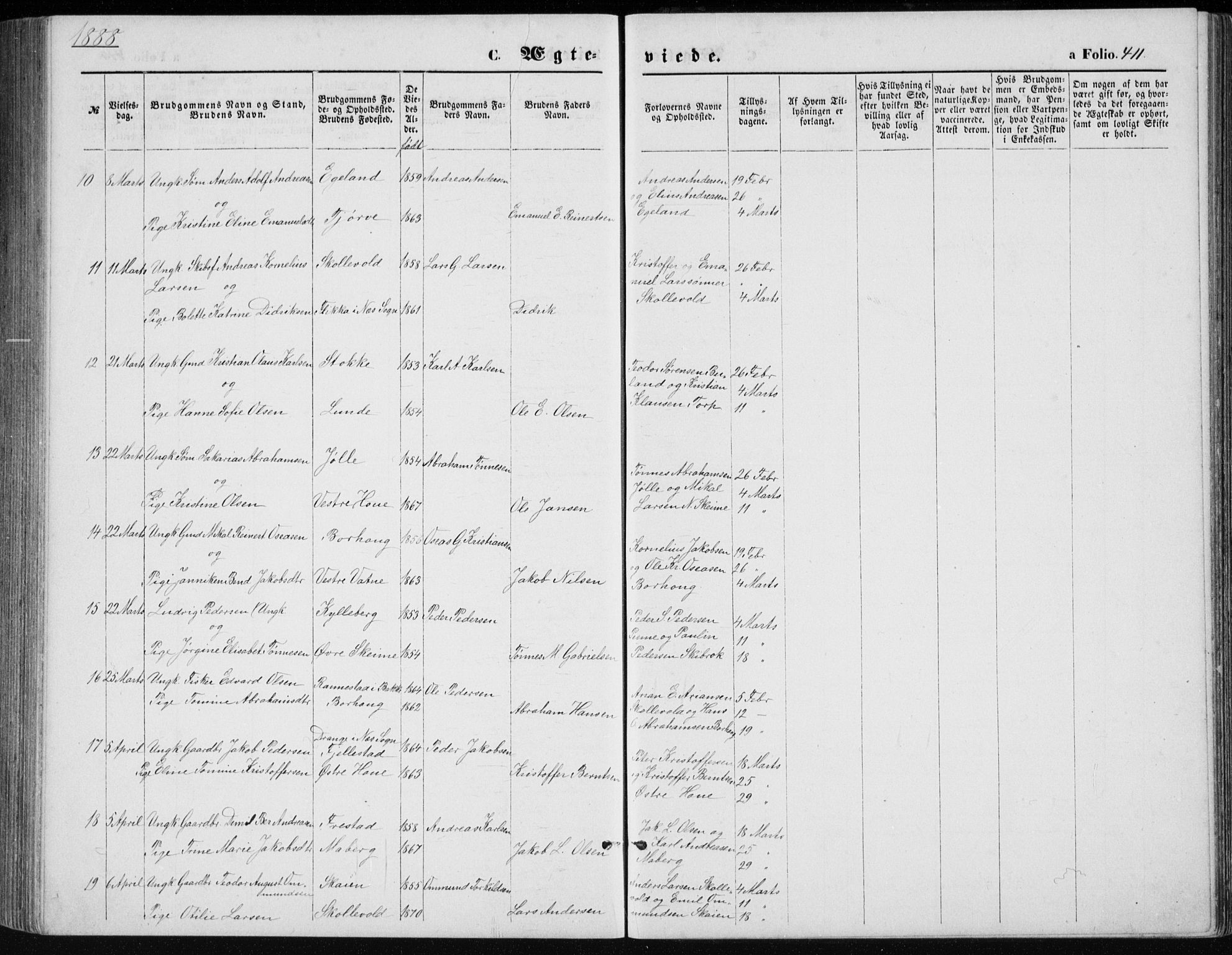 Lista sokneprestkontor, AV/SAK-1111-0027/F/Fb/L0004: Parish register (copy) no. B 4, 1877-1891, p. 411