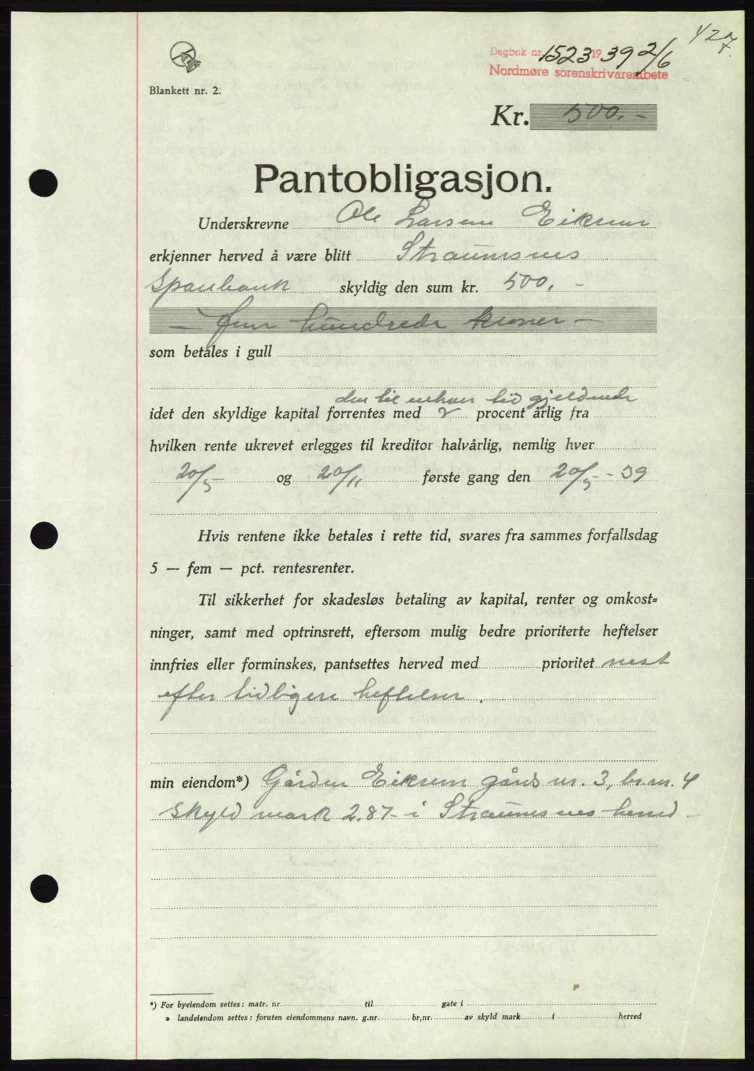 Nordmøre sorenskriveri, AV/SAT-A-4132/1/2/2Ca: Mortgage book no. B85, 1939-1939, Diary no: : 1523/1939