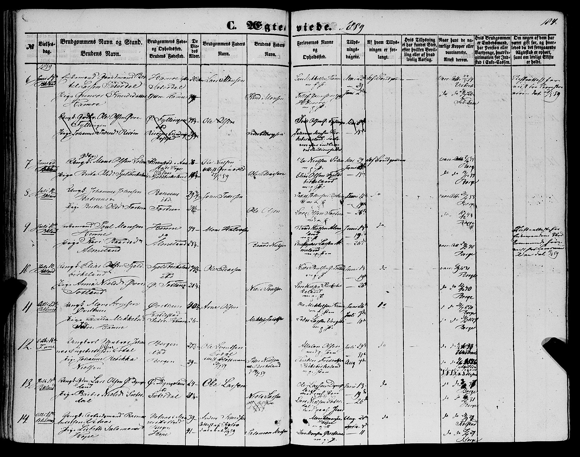 Fana Sokneprestembete, SAB/A-75101/H/Haa/Haaa/L0011: Parish register (official) no. A 11, 1851-1862, p. 184