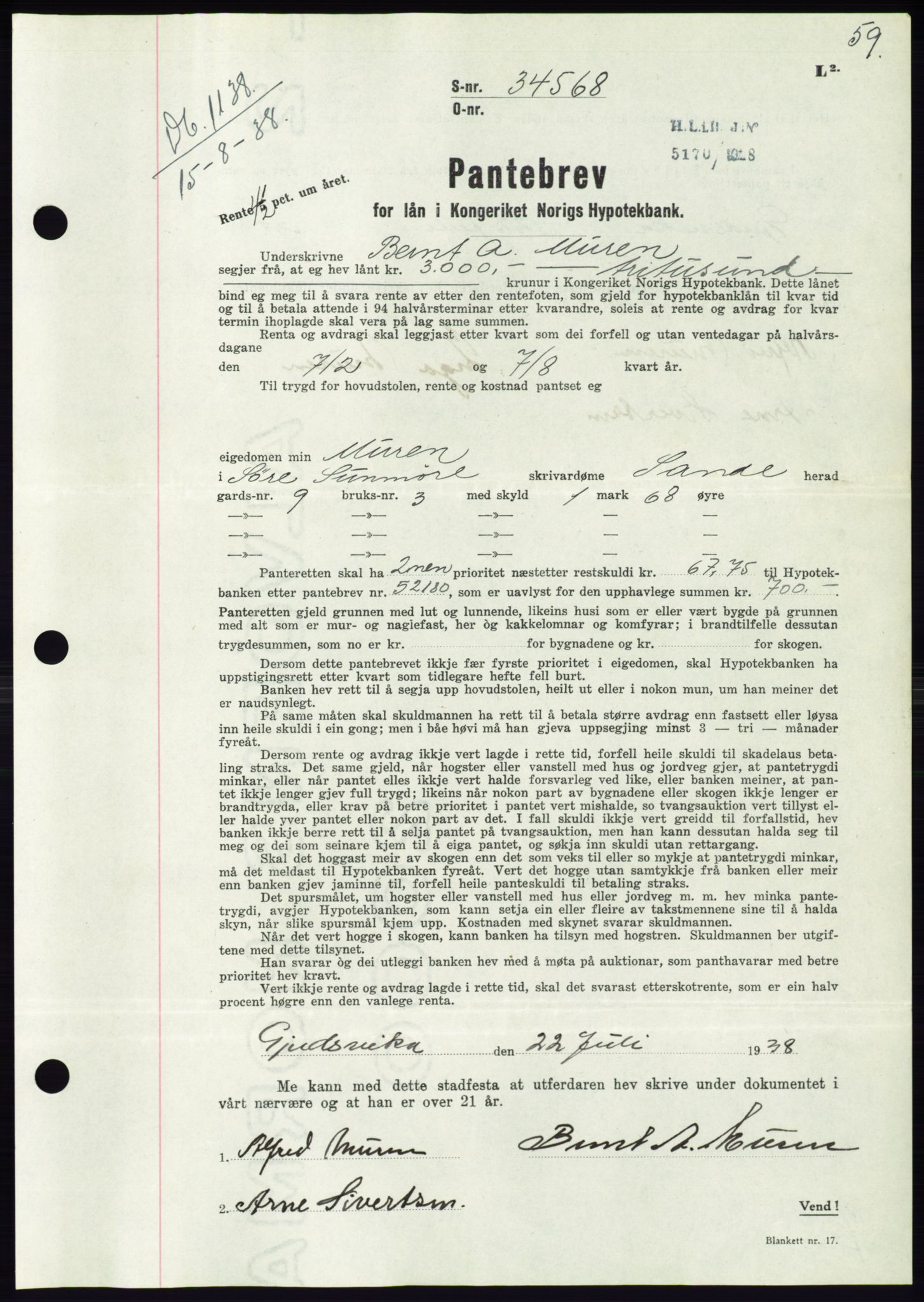 Søre Sunnmøre sorenskriveri, AV/SAT-A-4122/1/2/2C/L0066: Mortgage book no. 60, 1938-1938, Diary no: : 1138/1938