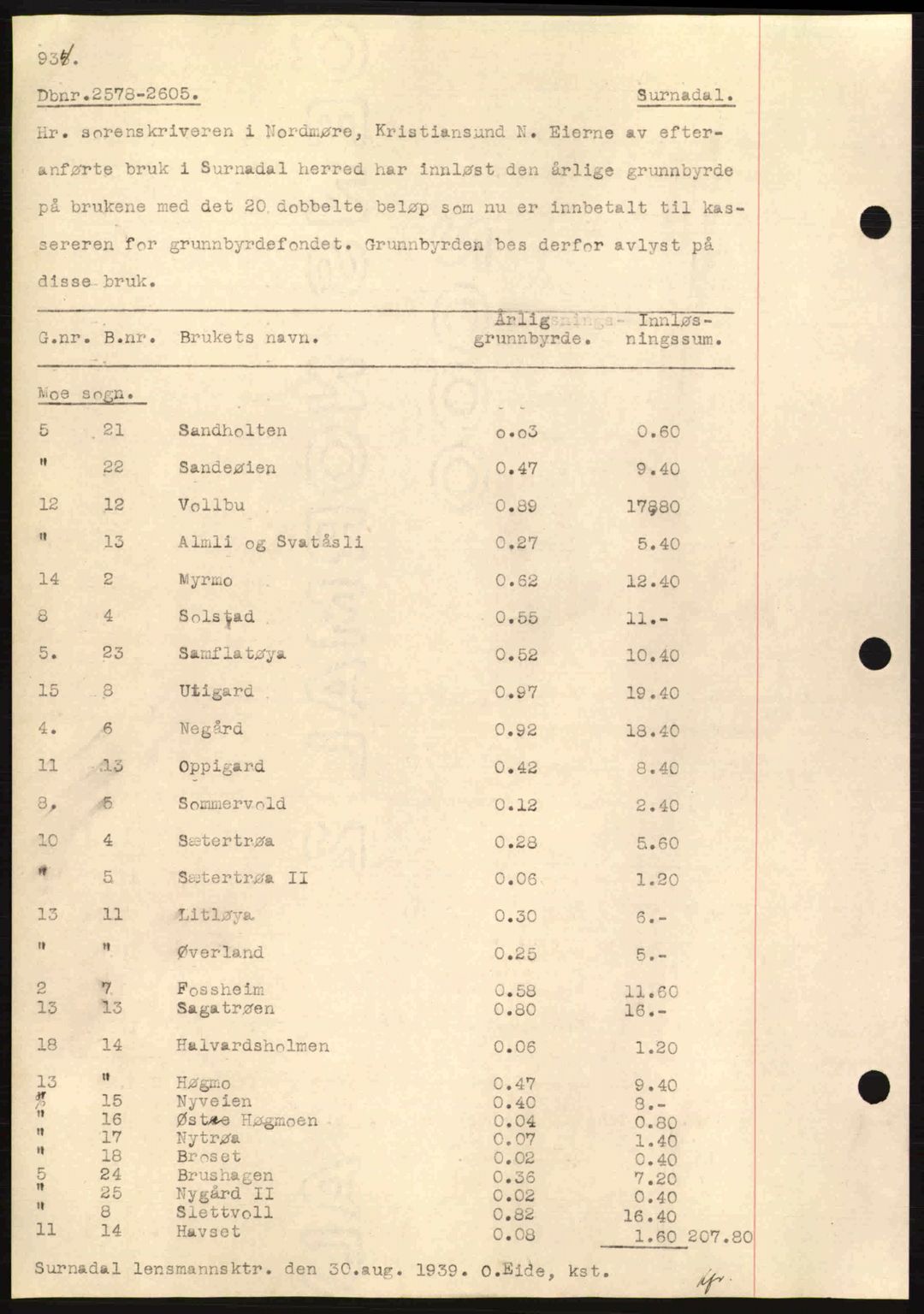 Nordmøre sorenskriveri, AV/SAT-A-4132/1/2/2Ca: Mortgage book no. C80, 1936-1939, Diary no: : 2578/1939