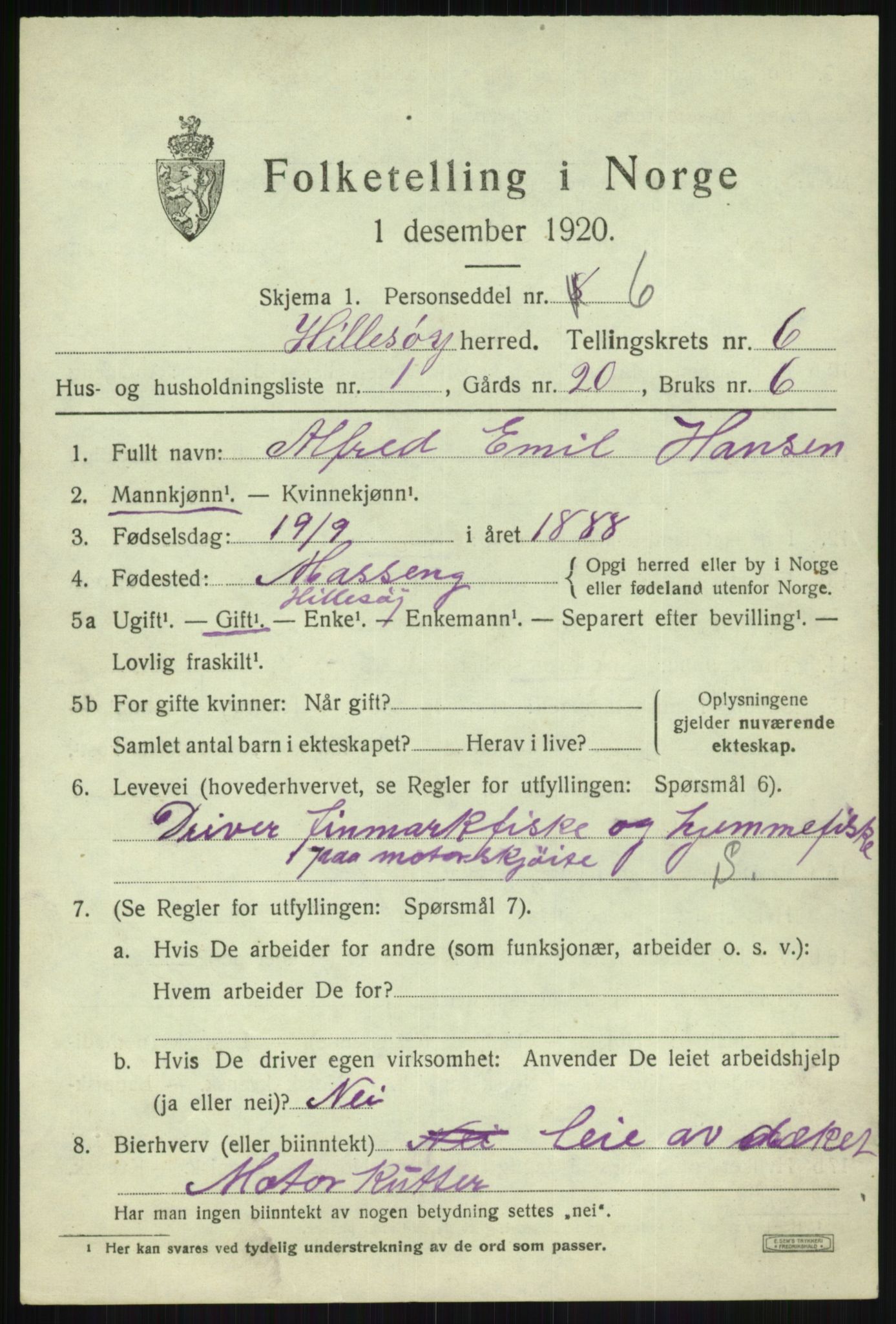 SATØ, 1920 census for Hillesøy, 1920, p. 2913