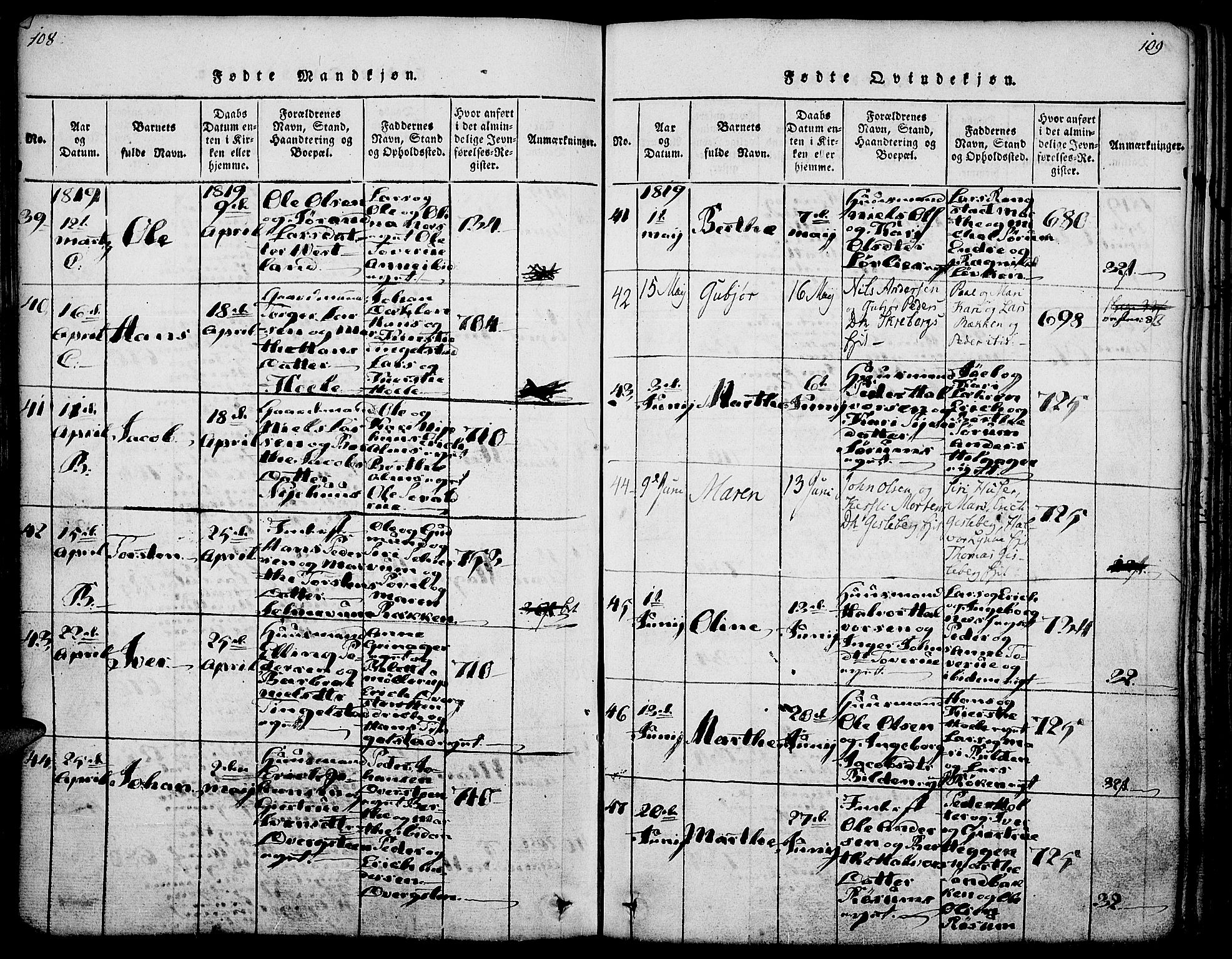 Gran prestekontor, AV/SAH-PREST-112/H/Ha/Haa/L0009: Parish register (official) no. 9, 1815-1824, p. 108-109