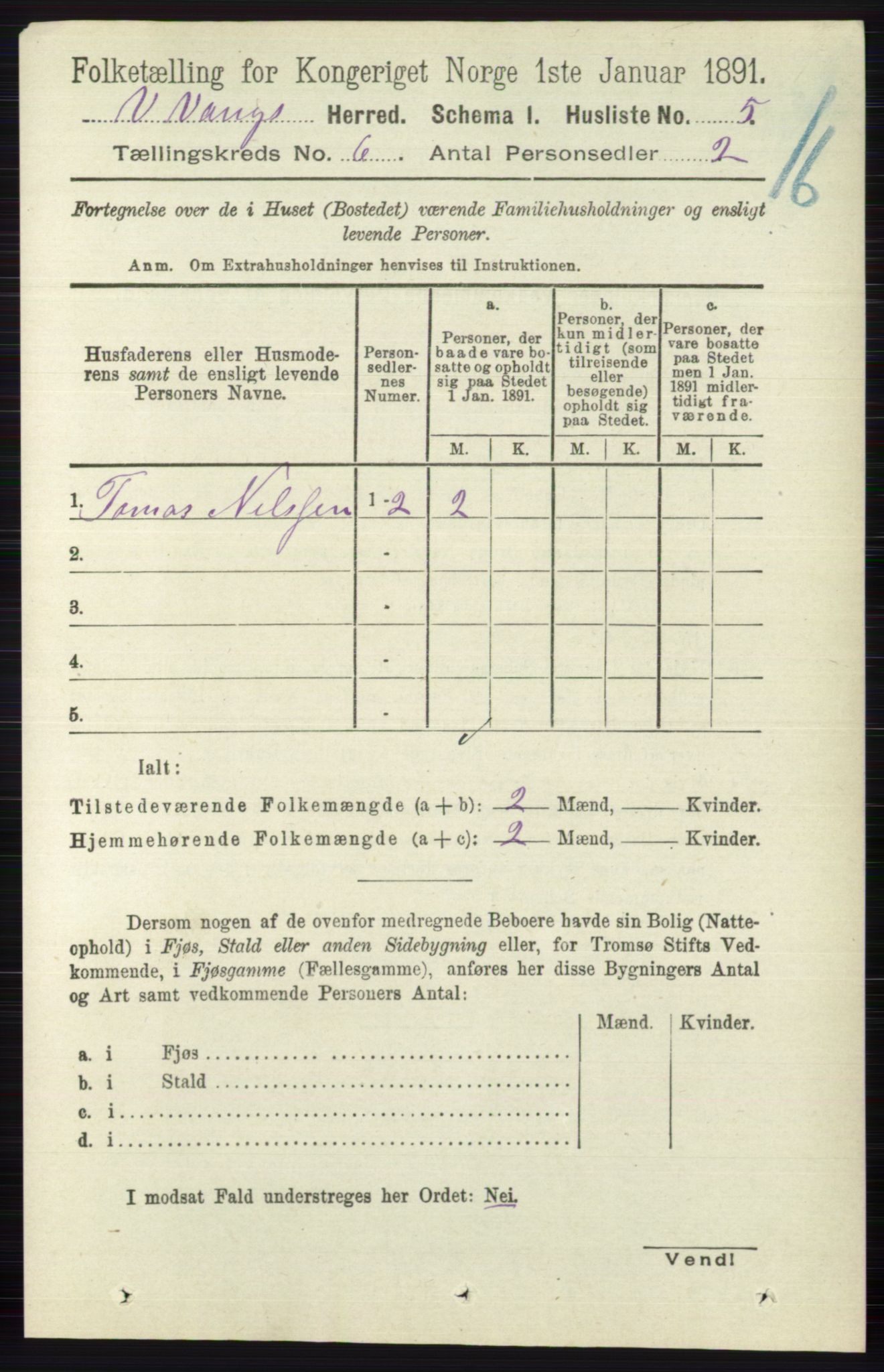 RA, 1891 census for 0545 Vang, 1891, p. 1233