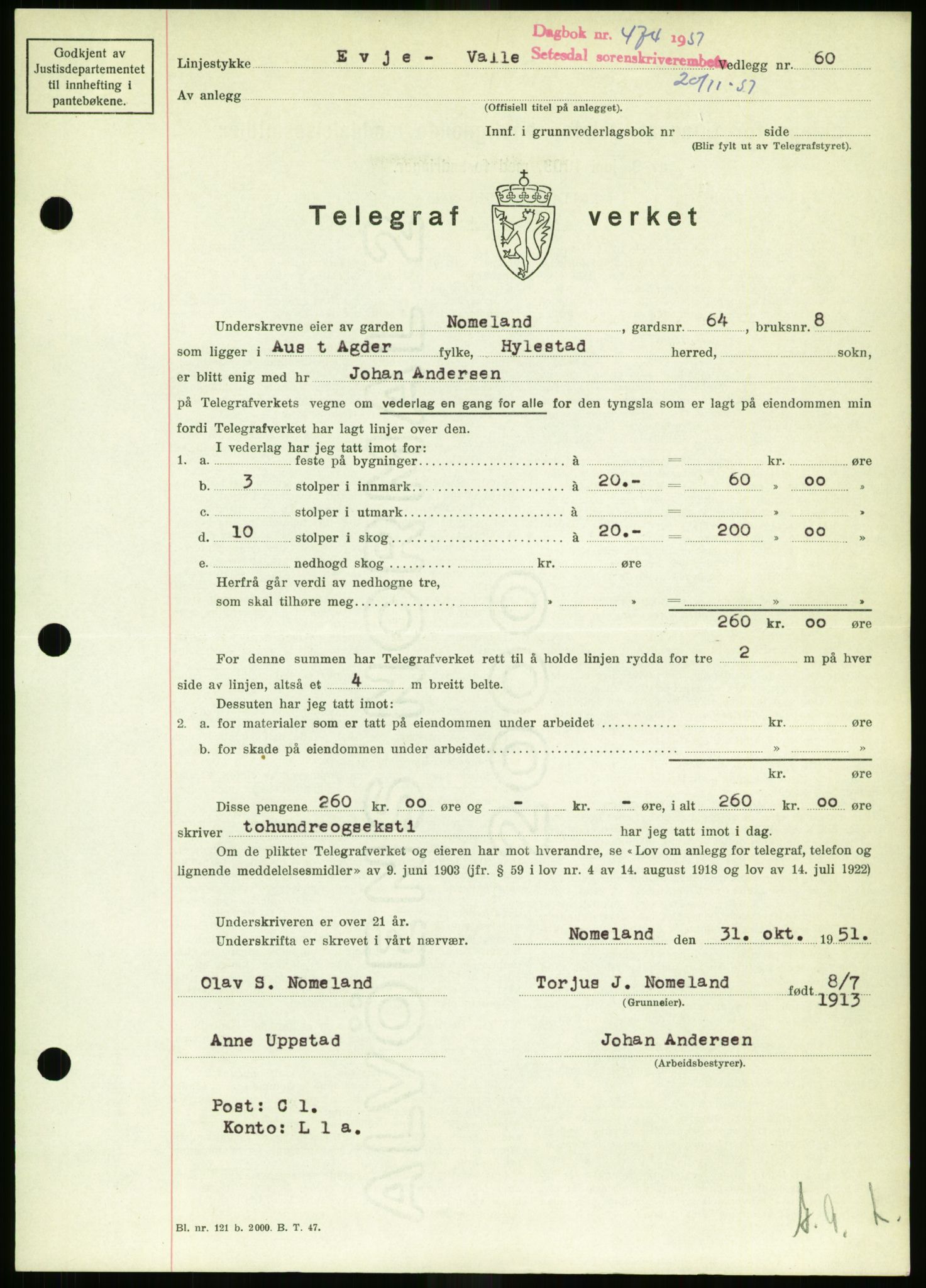 Setesdal sorenskriveri, AV/SAK-1221-0011/G/Gb/L0050: Mortgage book no. B 38, 1949-1952, Diary no: : 474/1951