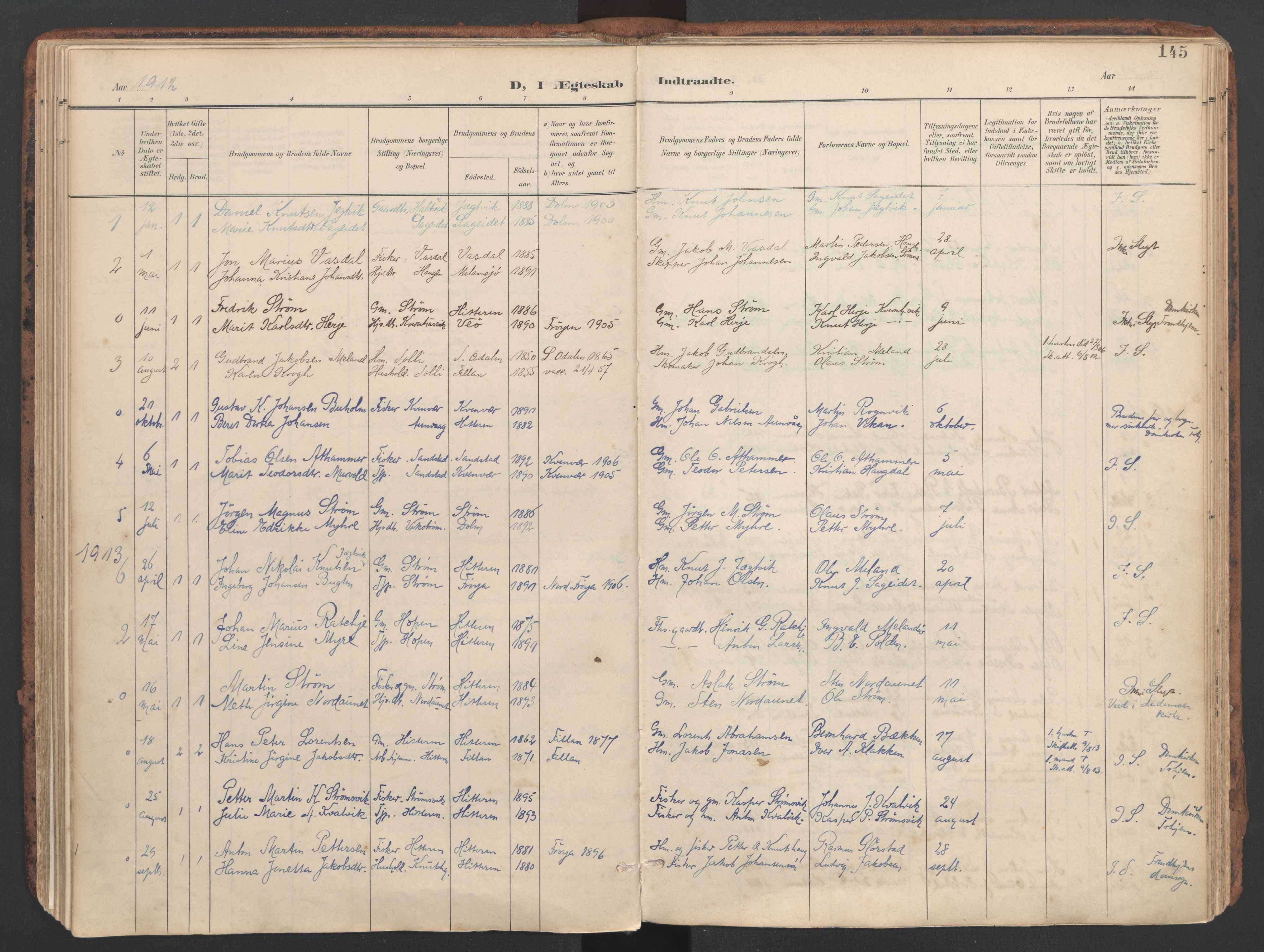 Ministerialprotokoller, klokkerbøker og fødselsregistre - Sør-Trøndelag, SAT/A-1456/634/L0537: Parish register (official) no. 634A13, 1896-1922, p. 145