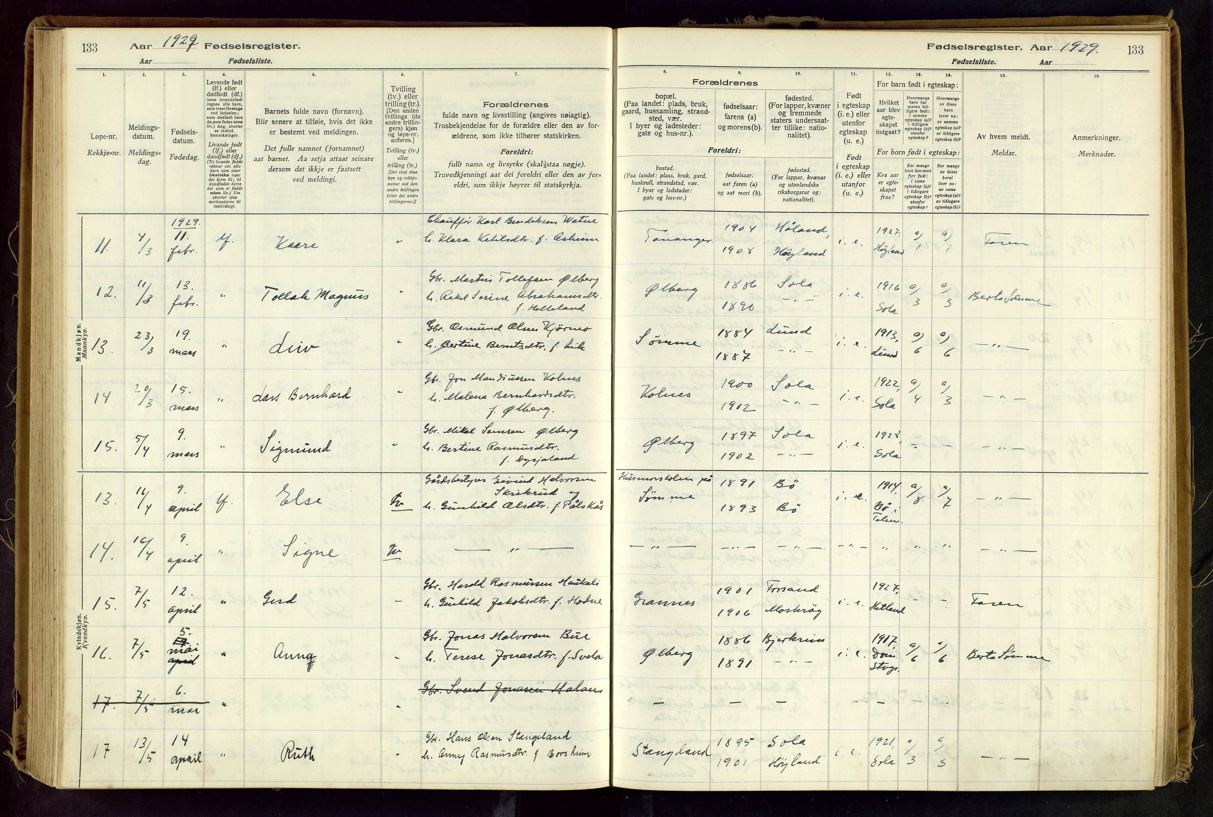 Håland sokneprestkontor, AV/SAST-A-101802/001/704BA/L0001: Birth register no. 1, 1916-1936, p. 133