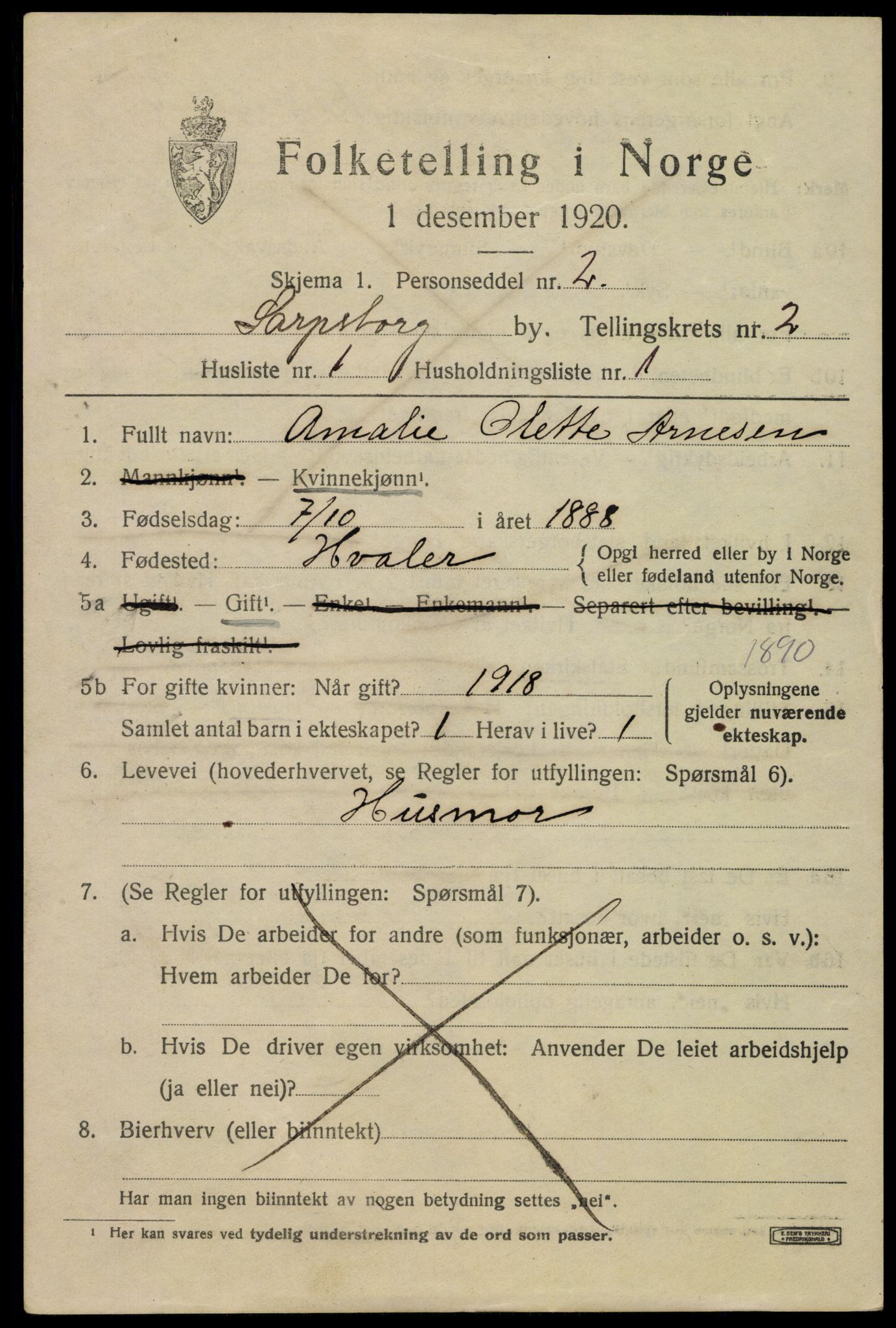 SAO, 1920 census for Sarpsborg, 1920, p. 9284