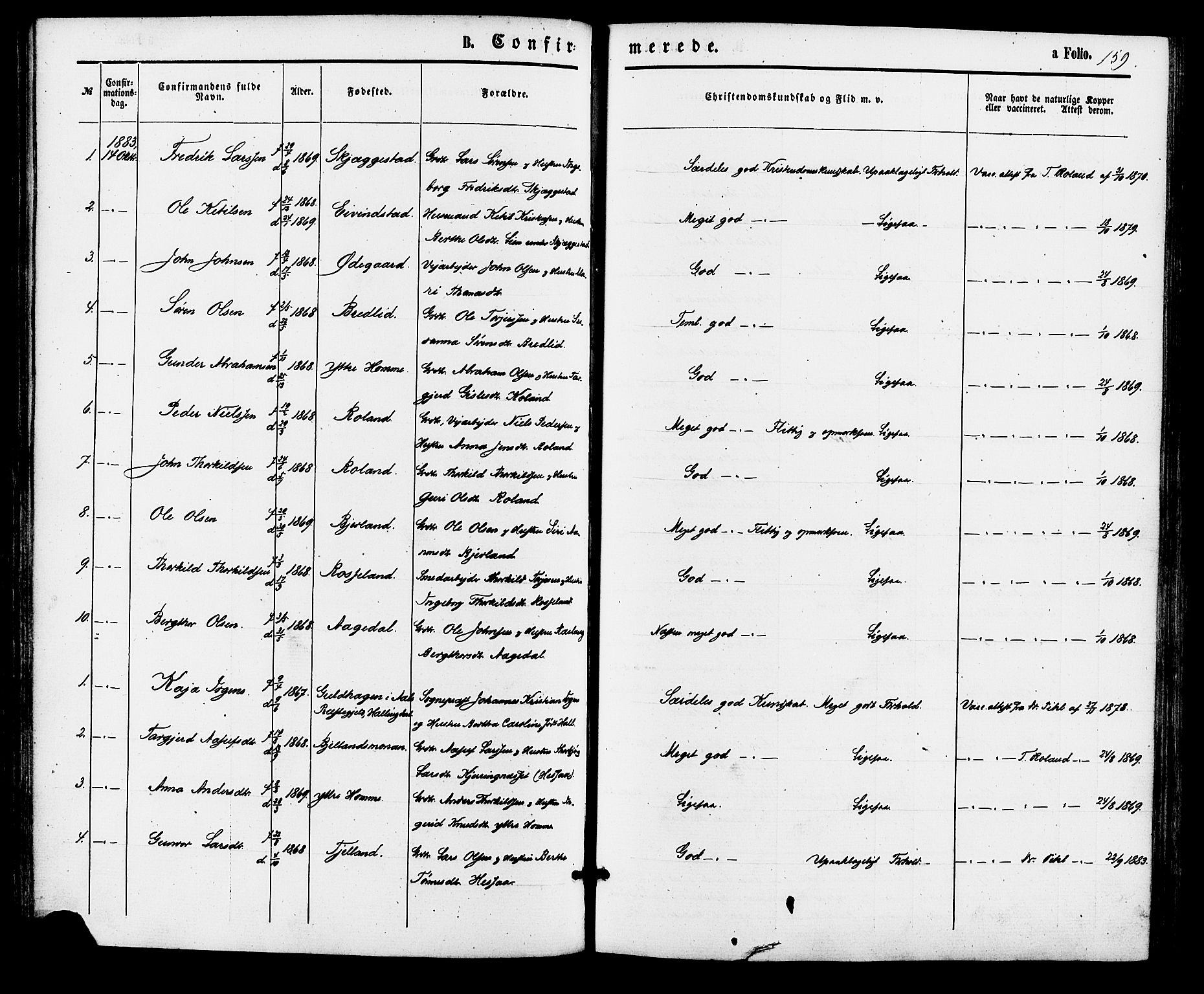 Bjelland sokneprestkontor, SAK/1111-0005/F/Fa/Faa/L0003: Parish register (official) no. A 3, 1867-1887, p. 159