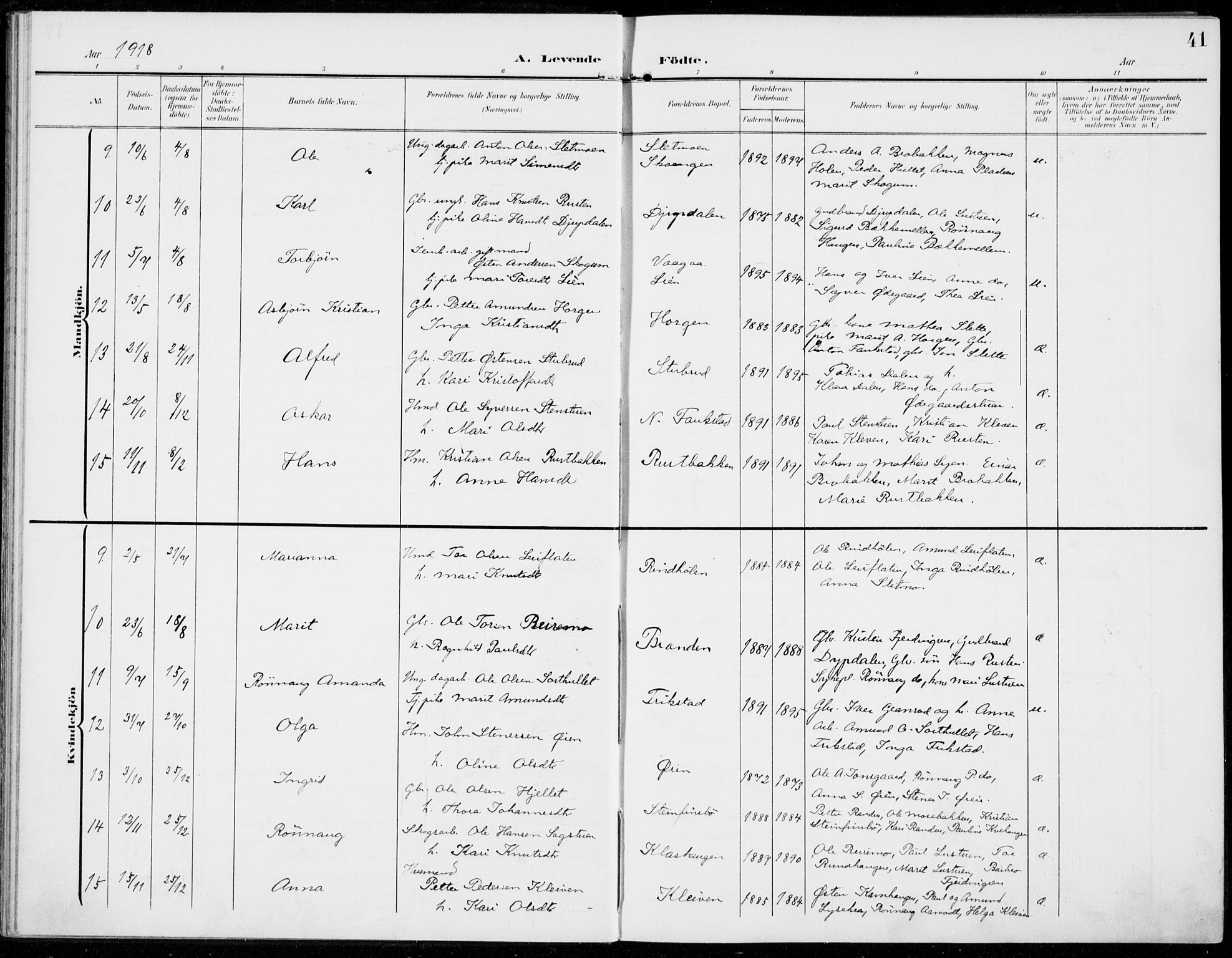 Sel prestekontor, SAH/PREST-074/H/Ha/Haa/L0001: Parish register (official) no. 1, 1905-1922, p. 41