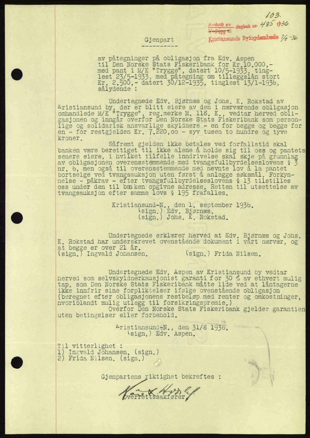 Kristiansund byfogd, AV/SAT-A-4587/A/27: Mortgage book no. 29, 1936-1937, Diary no: : 485/1936