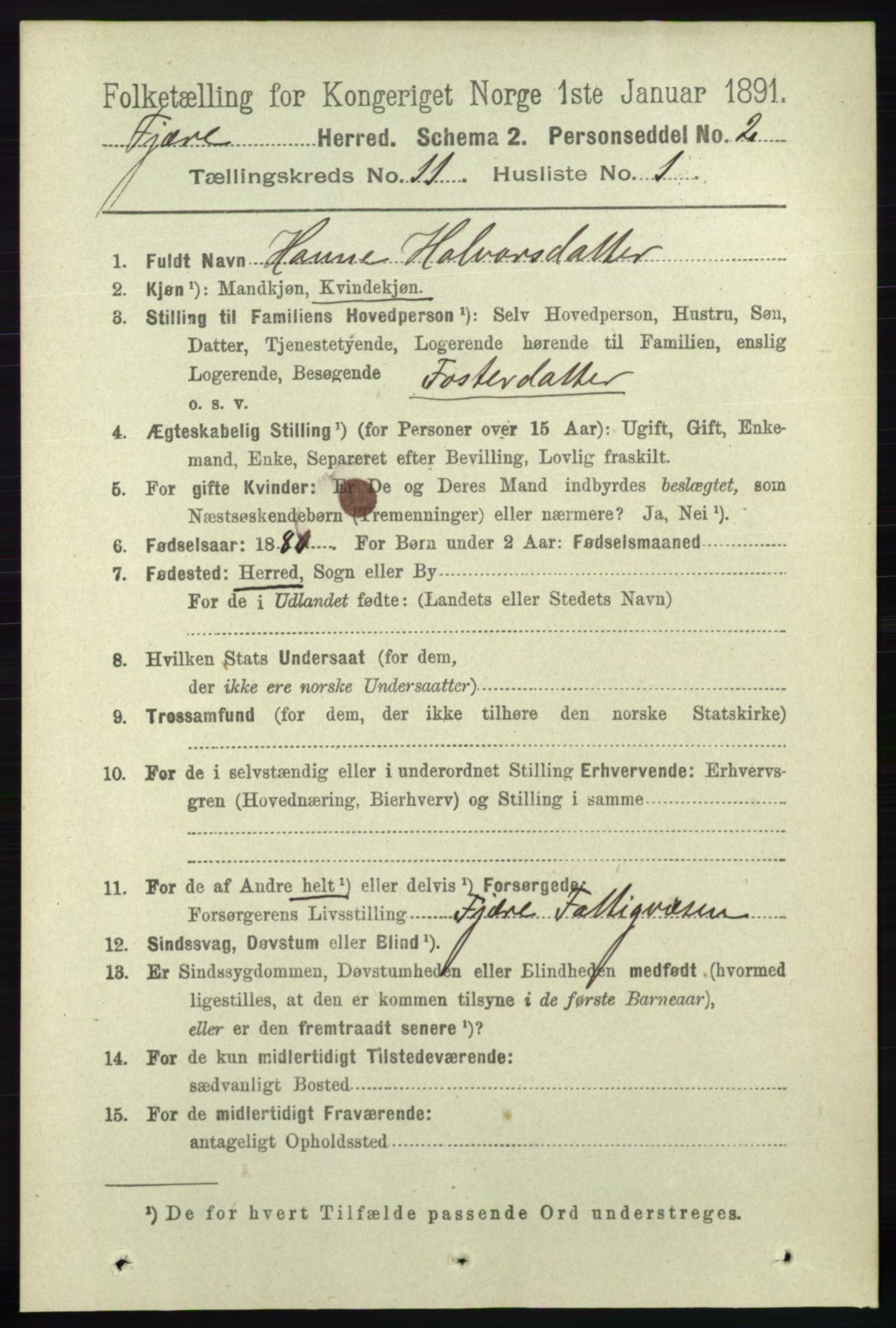 RA, 1891 census for 0923 Fjære, 1891, p. 5534