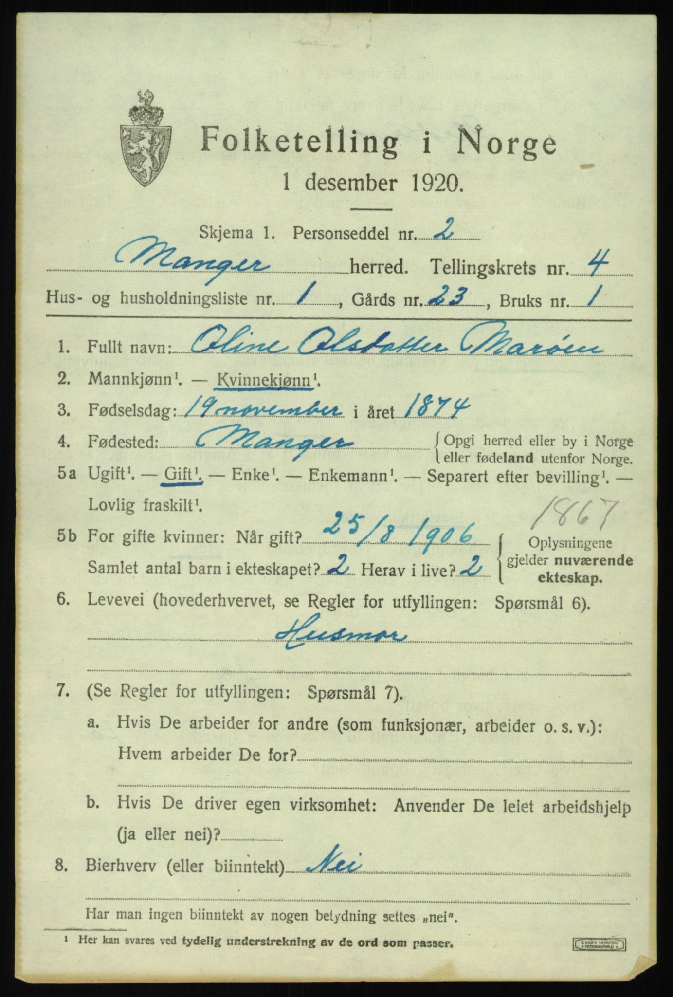 SAB, 1920 census for Manger, 1920, p. 3009