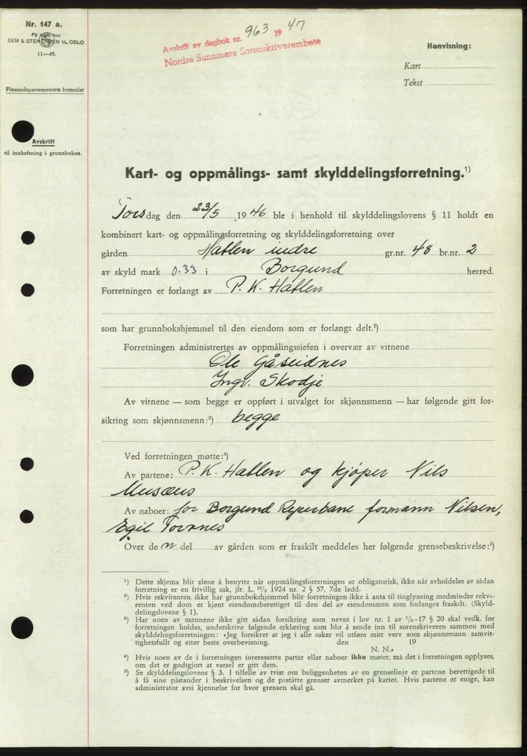 Nordre Sunnmøre sorenskriveri, AV/SAT-A-0006/1/2/2C/2Ca: Mortgage book no. A24, 1947-1947, Diary no: : 963/1947