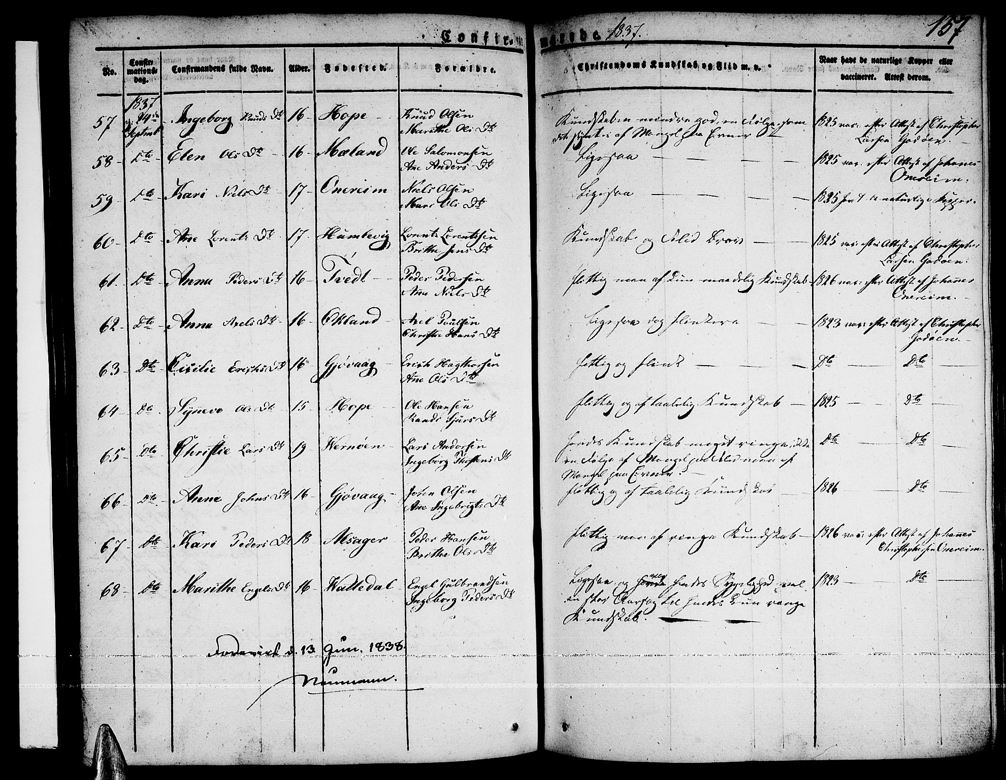 Tysnes sokneprestembete, AV/SAB-A-78601/H/Haa: Parish register (official) no. A 8, 1826-1837, p. 157