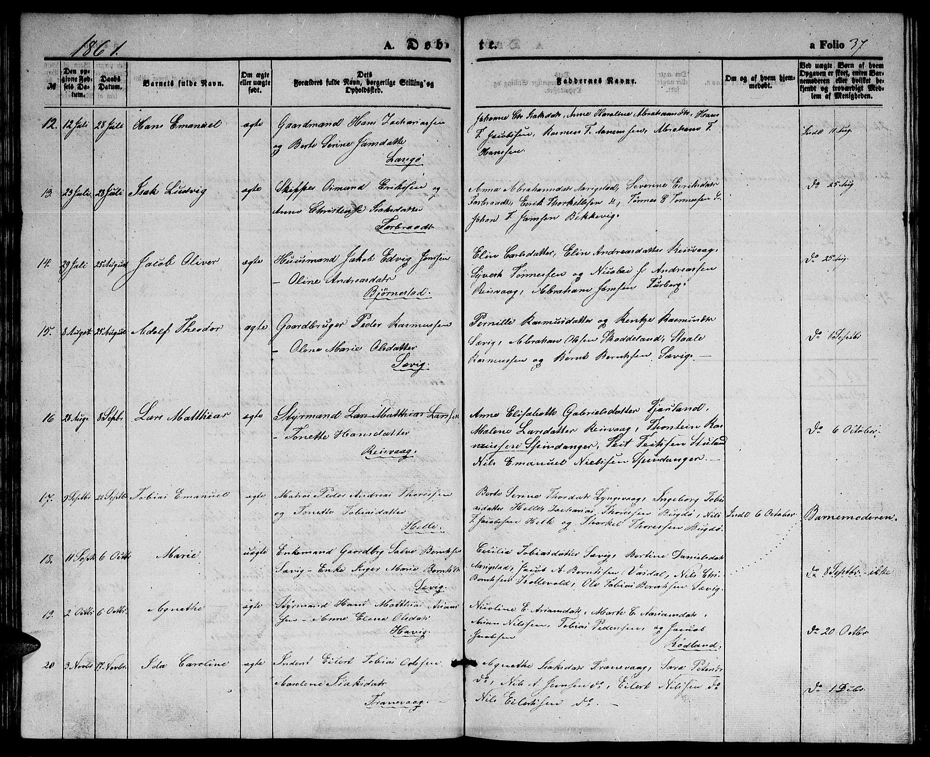 Herad sokneprestkontor, AV/SAK-1111-0018/F/Fb/Fbb/L0002: Parish register (copy) no. B 2, 1853-1871, p. 37