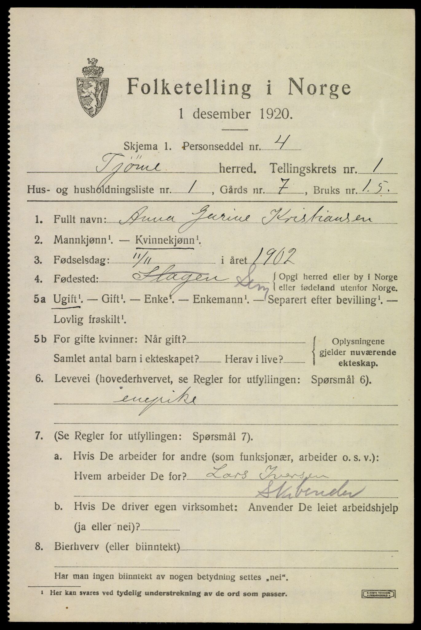 SAKO, 1920 census for Tjøme, 1920, p. 1515