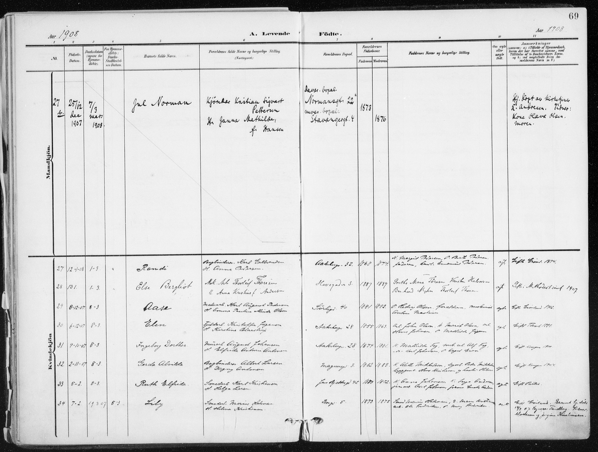 Kampen prestekontor Kirkebøker, AV/SAO-A-10853/F/Fa/L0010: Parish register (official) no. I 10, 1905-1917, p. 69