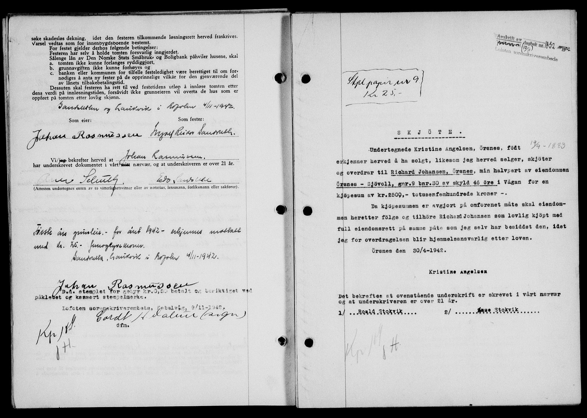 Lofoten sorenskriveri, SAT/A-0017/1/2/2C/L0010a: Mortgage book no. 10a, 1942-1943, Diary no: : 1852/1942